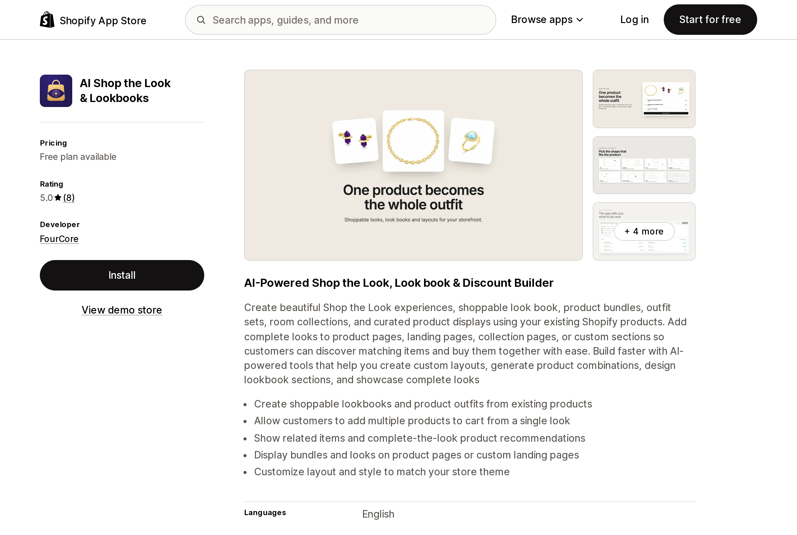 Top of the Shopify App Store listing page for AI Shop the Look & Lookbooks, showing a 5.0 rating from 8 reviews and a free plan