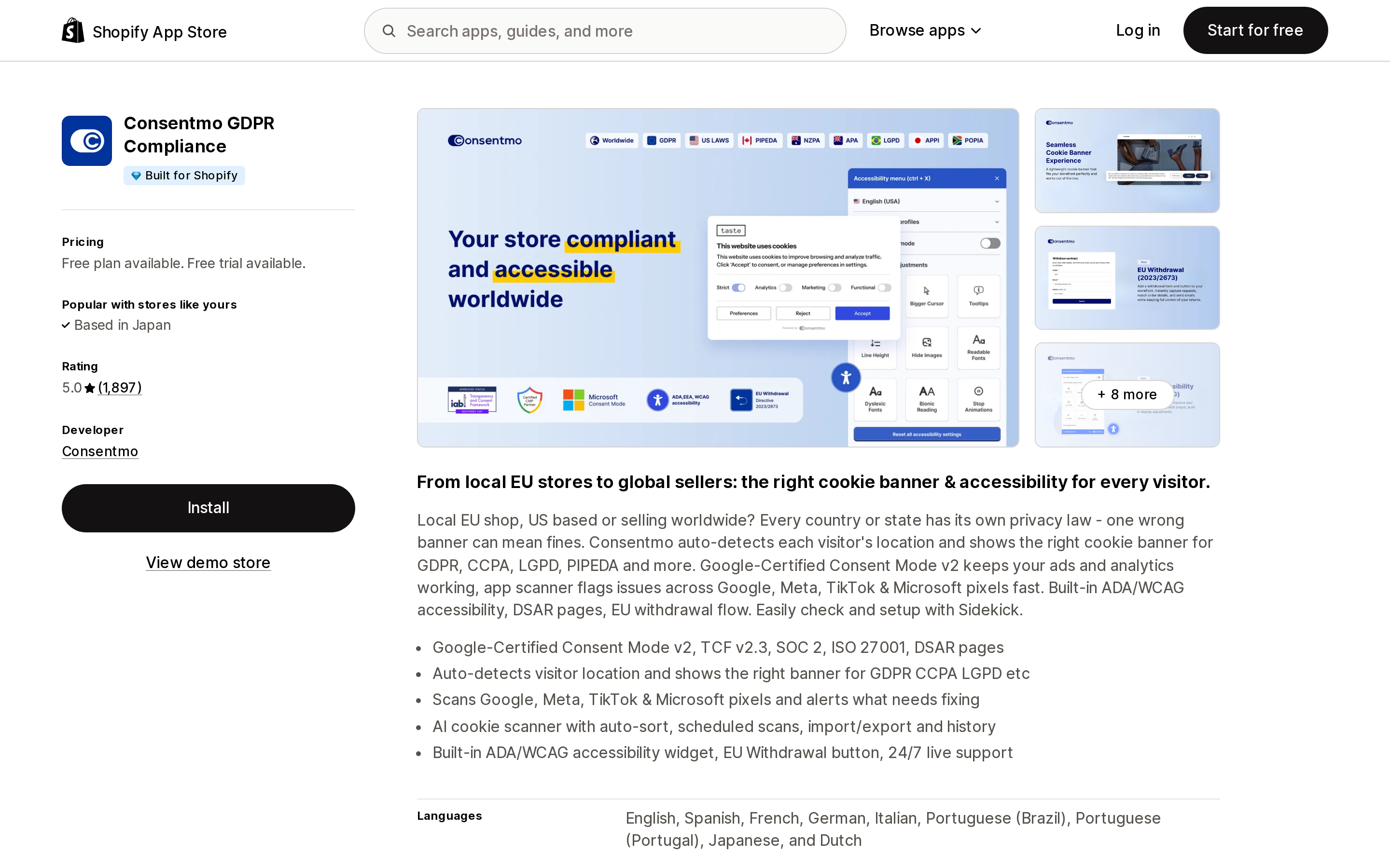 Top of the Shopify App Store listing page for Consentmo GDPR Compliance