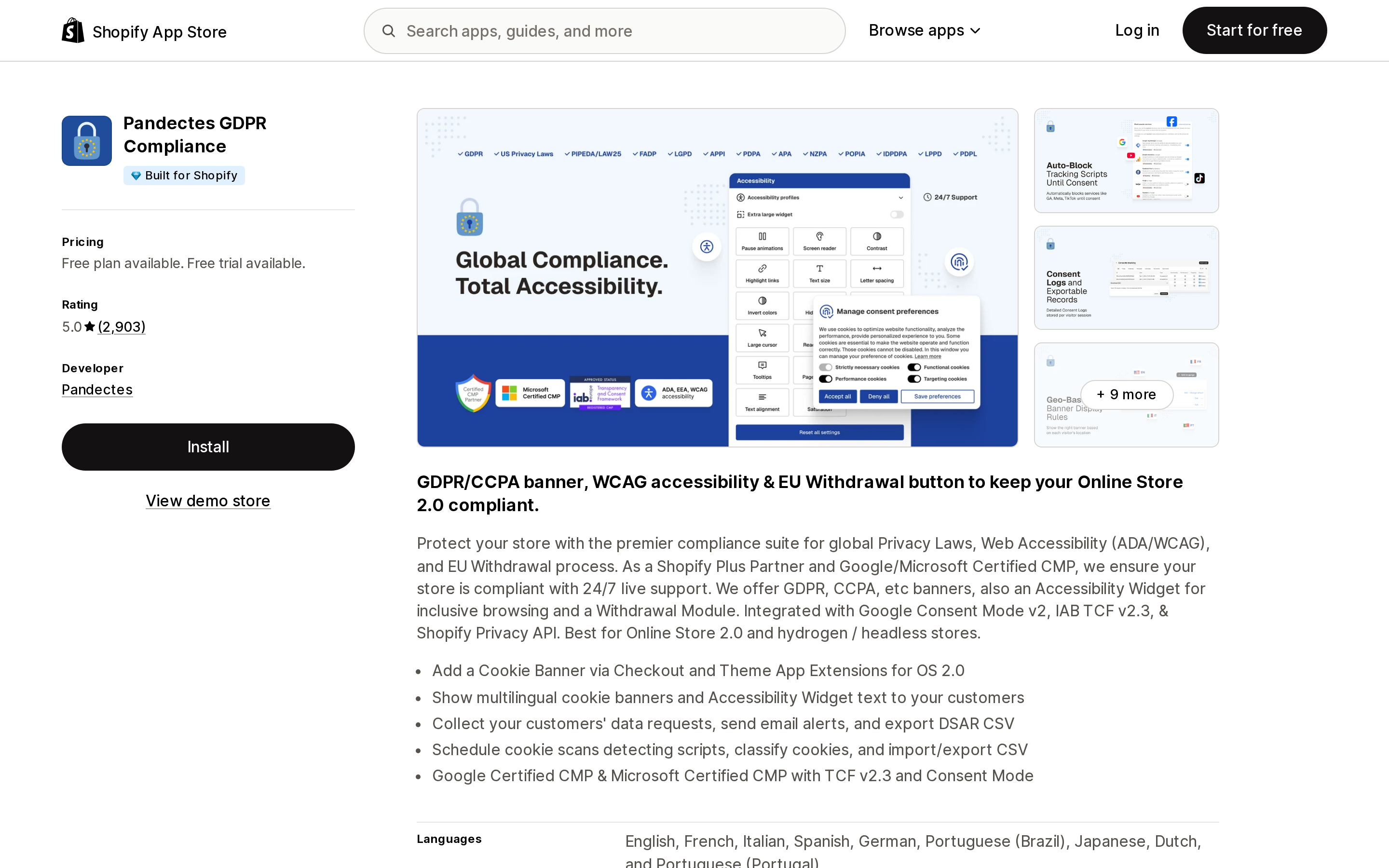 Top of the Shopify App Store listing page for Pandectes GDPR Compliance, a cookie consent and data request app