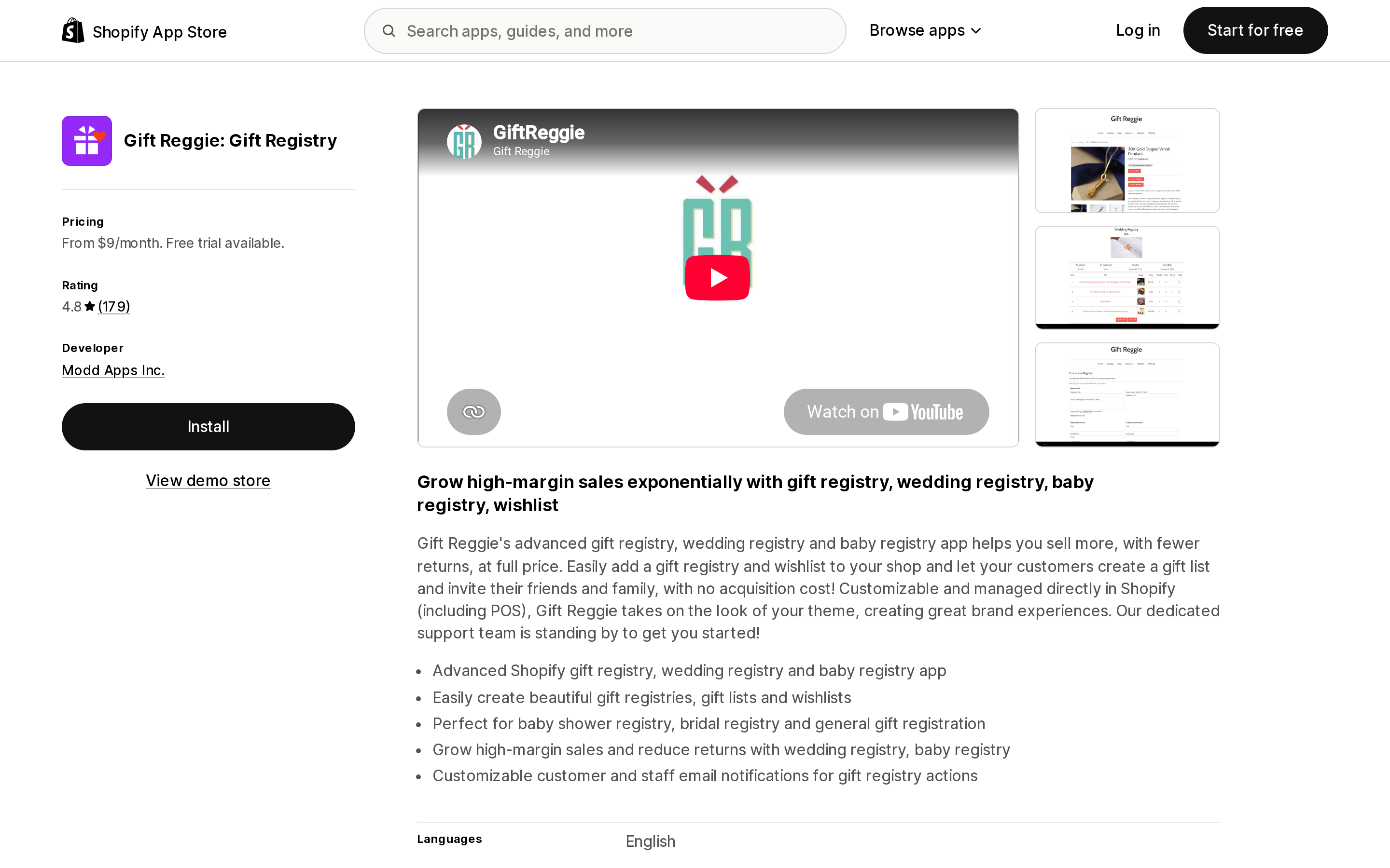 Top of the Shopify App Store listing page for Gift Reggie: Gift Registry