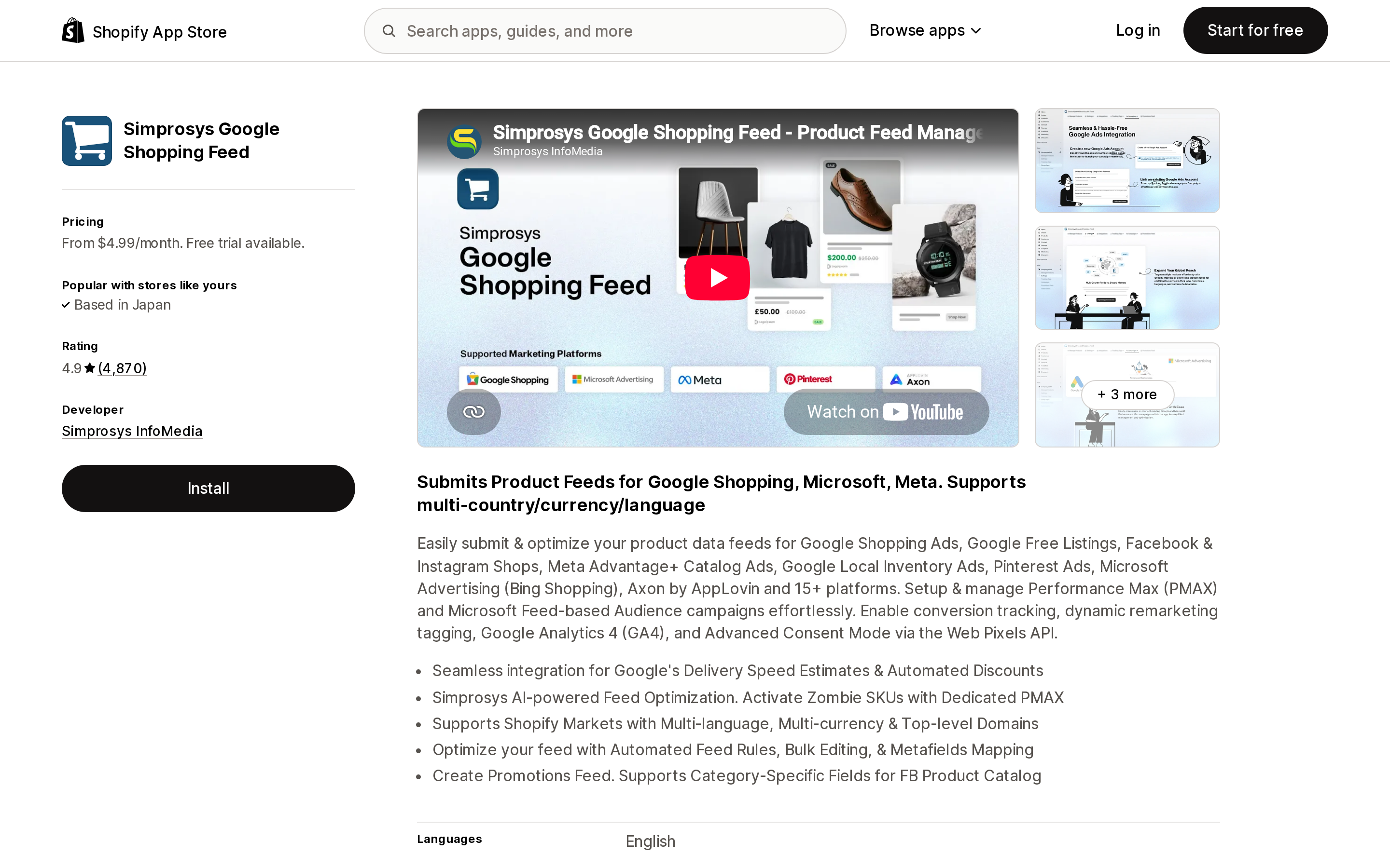 Top of the Shopify App Store listing page for Simprosys Google Shopping Feed, showing a 4.9 rating and pricing from $4.99 a month