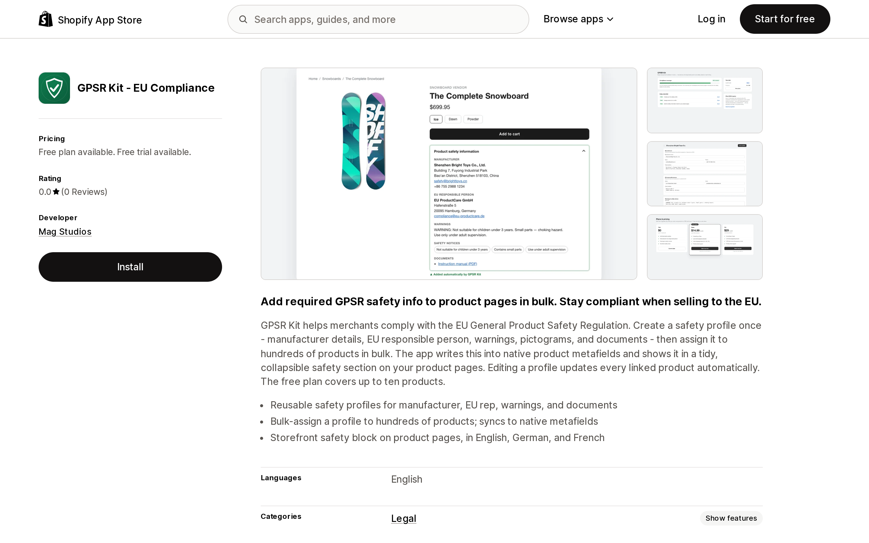Top of the Shopify App Store listing page for GPSR Kit ‑ EU Compliance, showing a 0.0 rating with no reviews and a Free plan available label