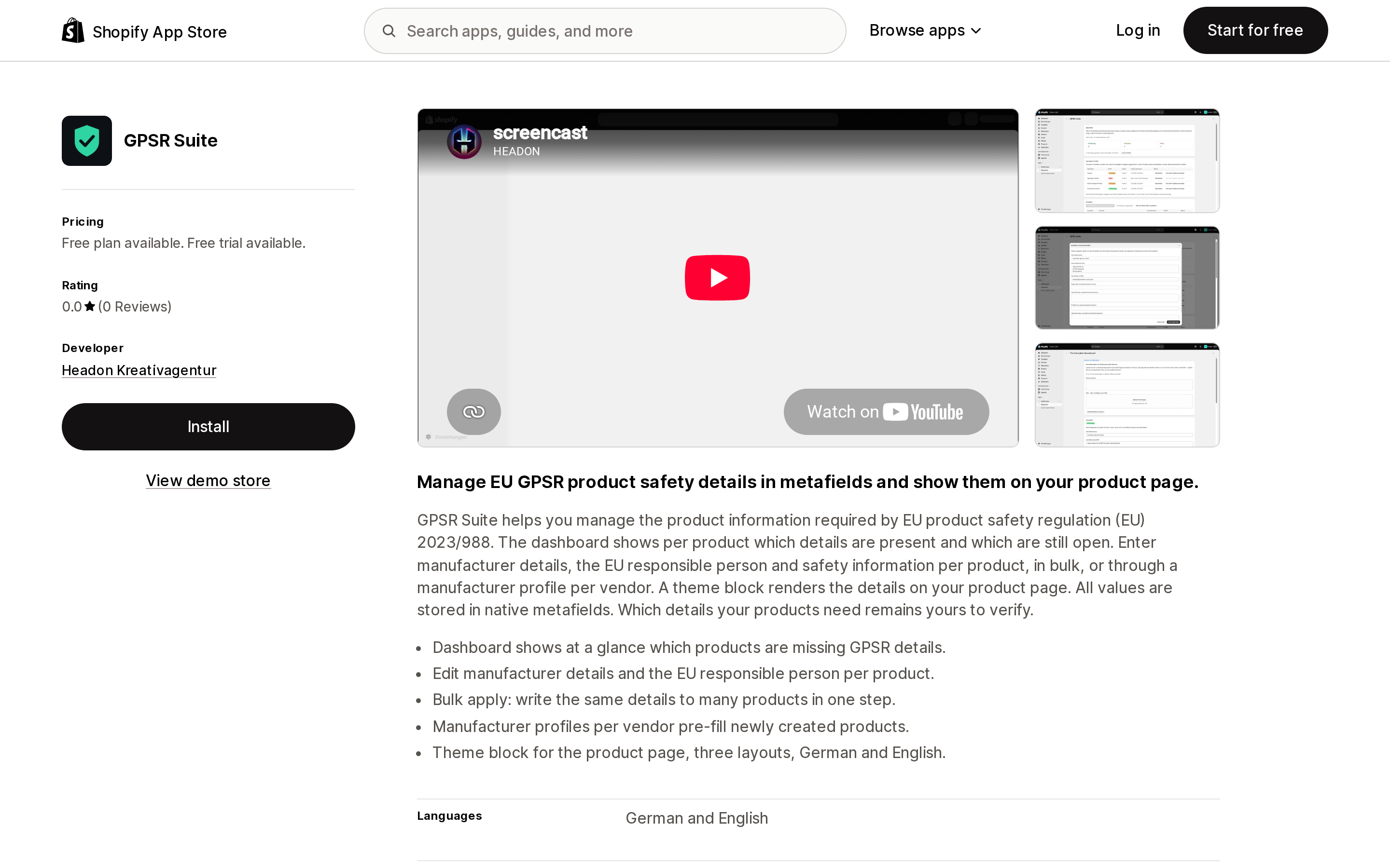 Top of the Shopify App Store listing page for GPSR Suite, showing a 0.0 rating with no reviews and a Free plan available label