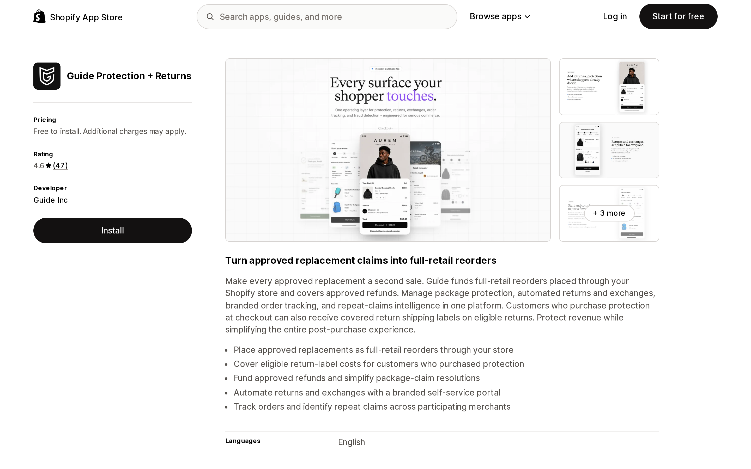 Top of the Shopify App Store listing page for Guide Protection + Returns, showing a 4.6 rating from 47 reviews