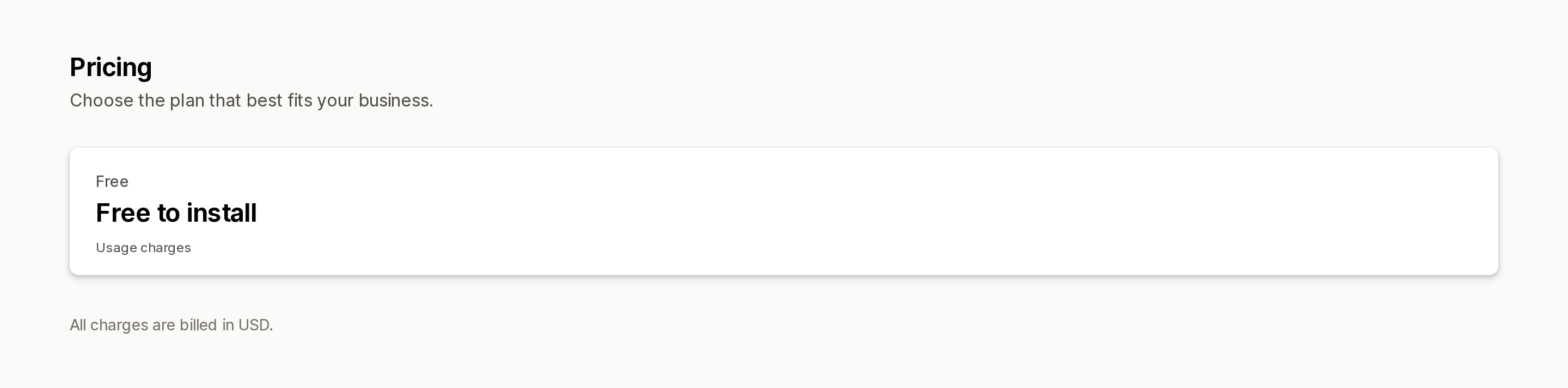 Pricing section of the Shopify App Store listing for Shoplabs: AI Calling Assistant, showing only a Free to install plan labelled Usage charges with no published rate
