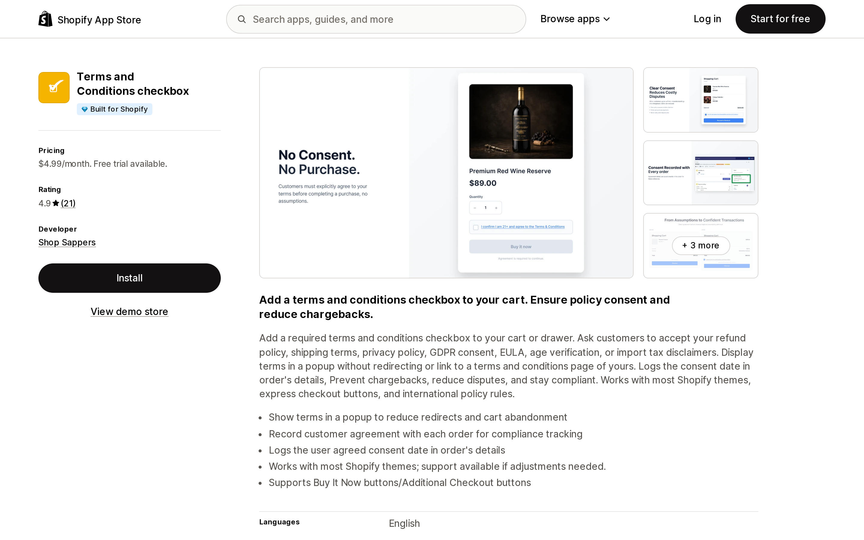 Top of the Shopify App Store listing page for Terms and Conditions checkbox by Shop Sappers
