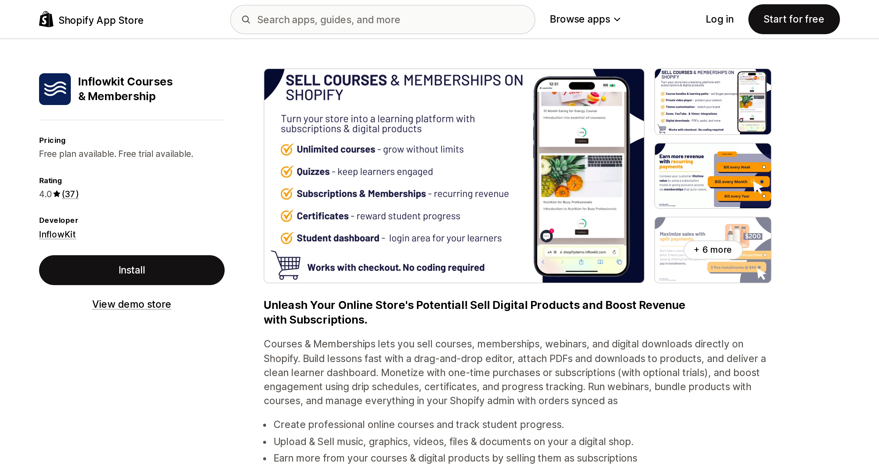 Top of the Shopify App Store listing page for Inflowkit Courses & Membership