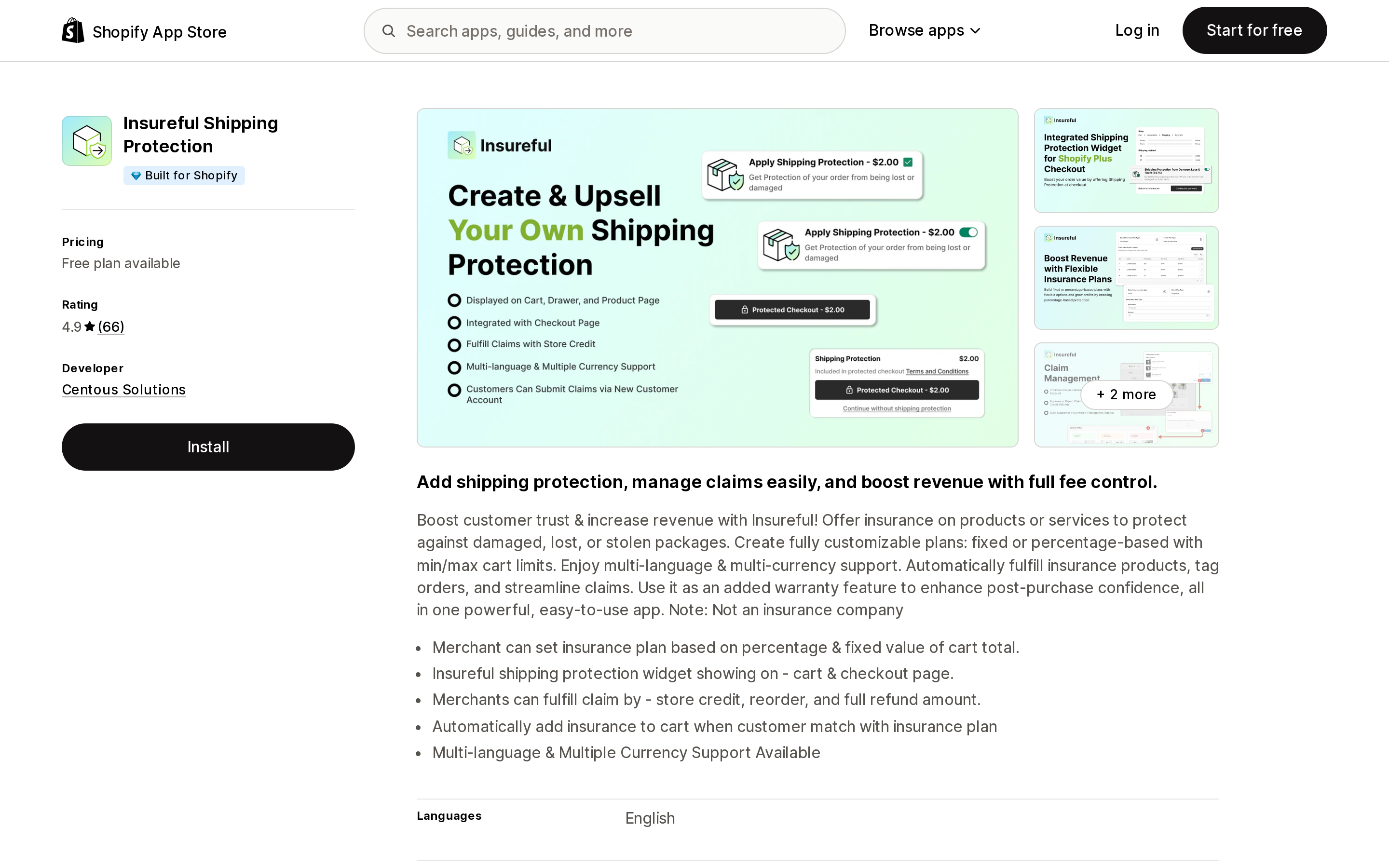 Top of the Shopify App Store listing page for Insureful Shipping Protection, showing the Built for Shopify badge and a 4.9 rating from 66 reviews
