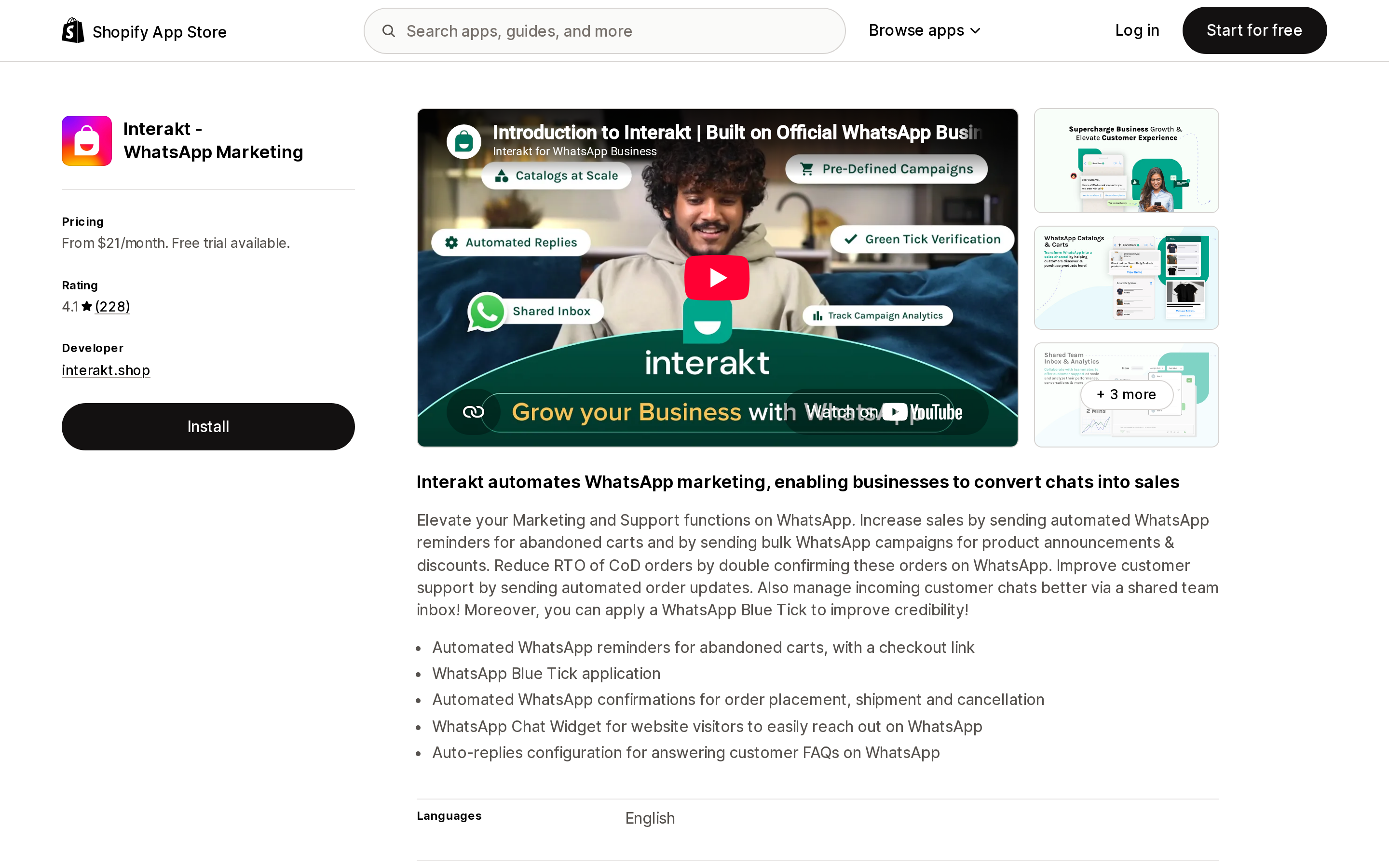 Top of the Shopify App Store listing page for Interakt ‑ WhatsApp Marketing