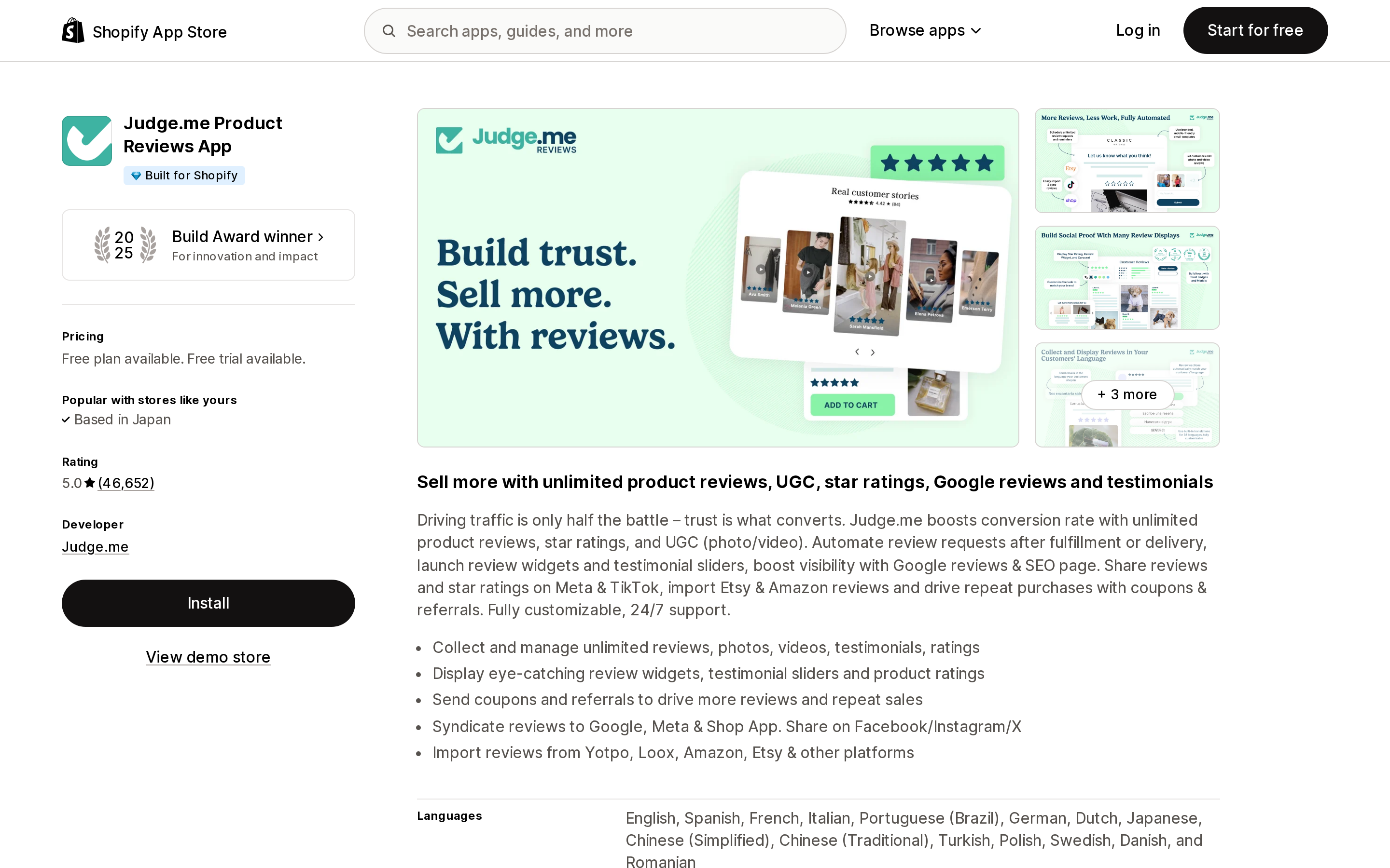 Top of the Shopify App Store listing page for Judge.me Product Reviews App
