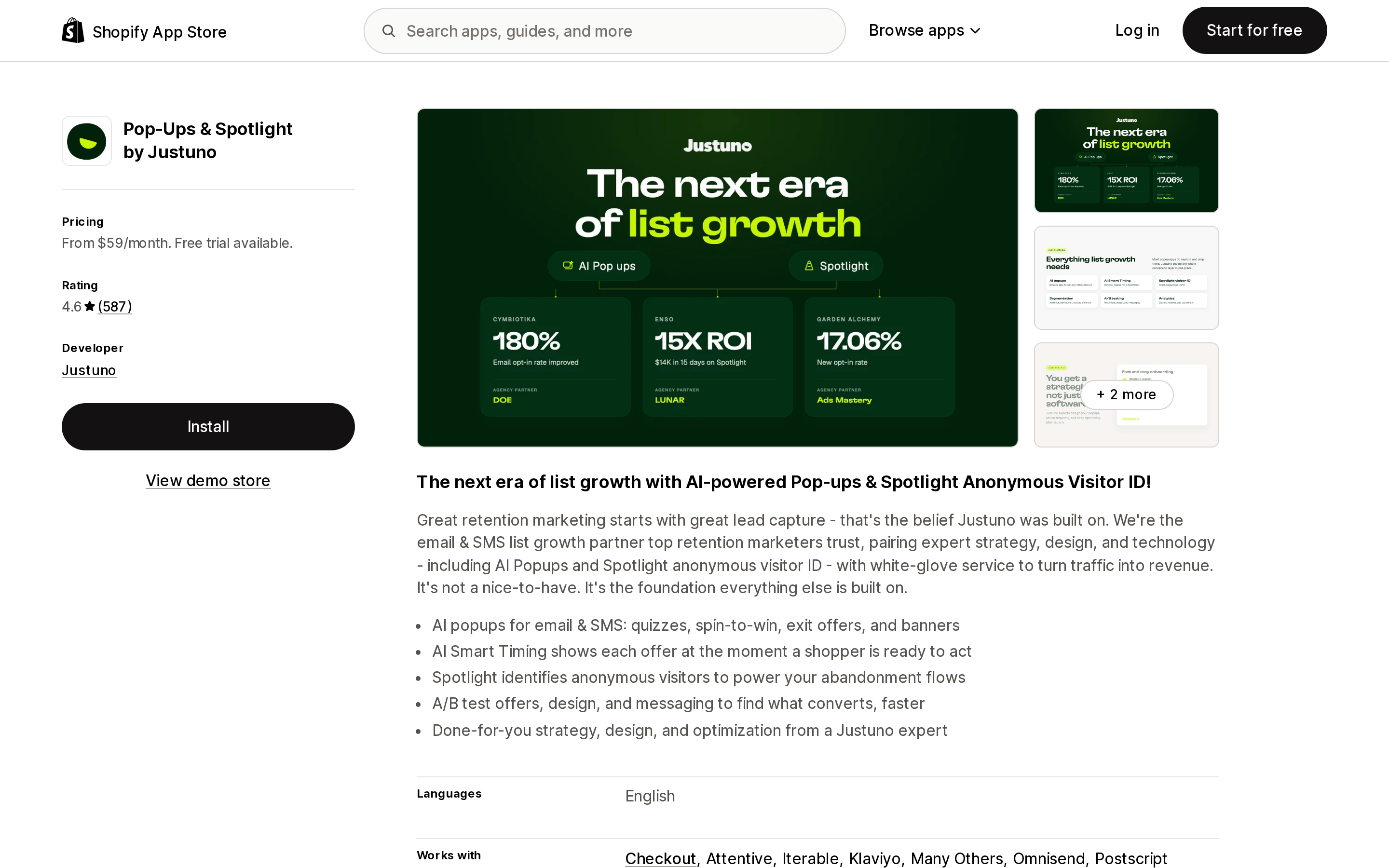 Top of the Shopify App Store listing page for Pop‑Ups & Spotlight by Justuno