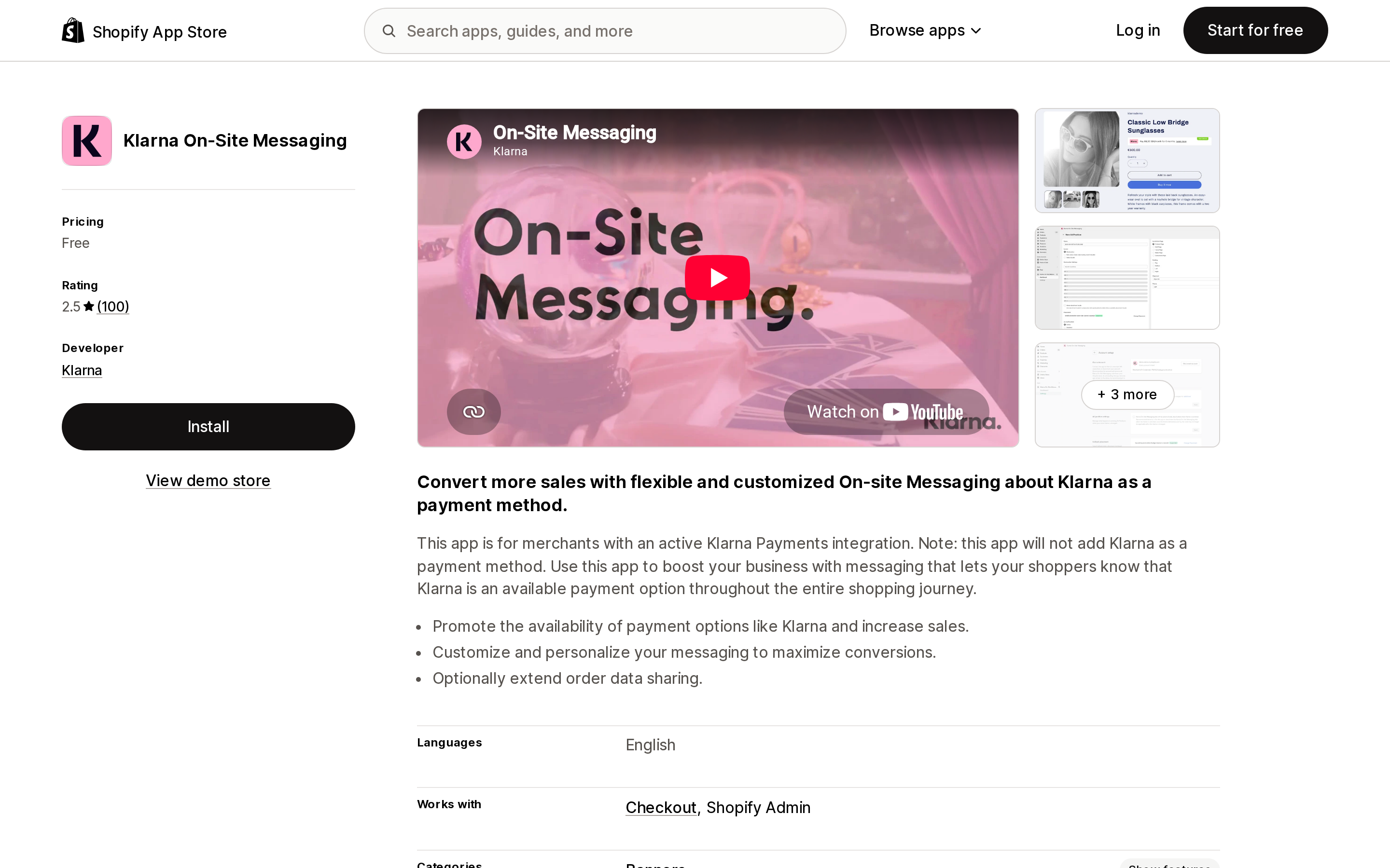 Top of the Shopify App Store listing page for Klarna On‑Site Messaging, showing a 2.5 rating
