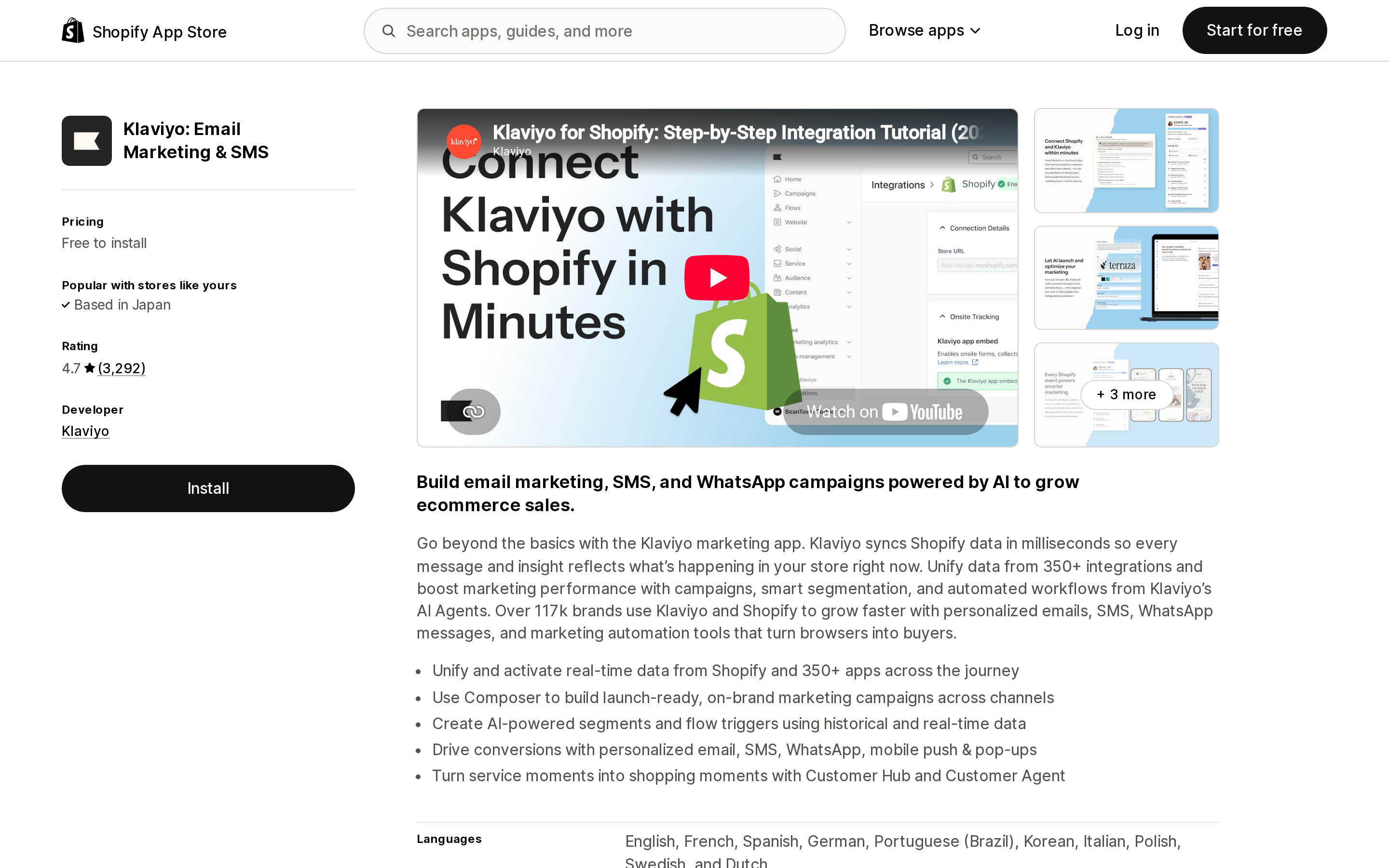 Top of the Shopify App Store listing page for Klaviyo: Email Marketing & SMS, showing a 4.7 rating from 3,292 reviews