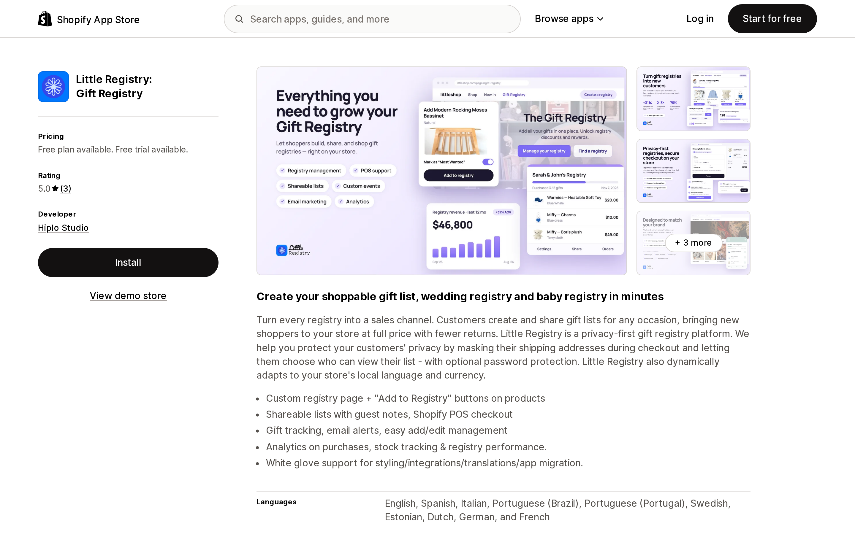 Top of the Shopify App Store listing page for Little Registry: Gift Registry