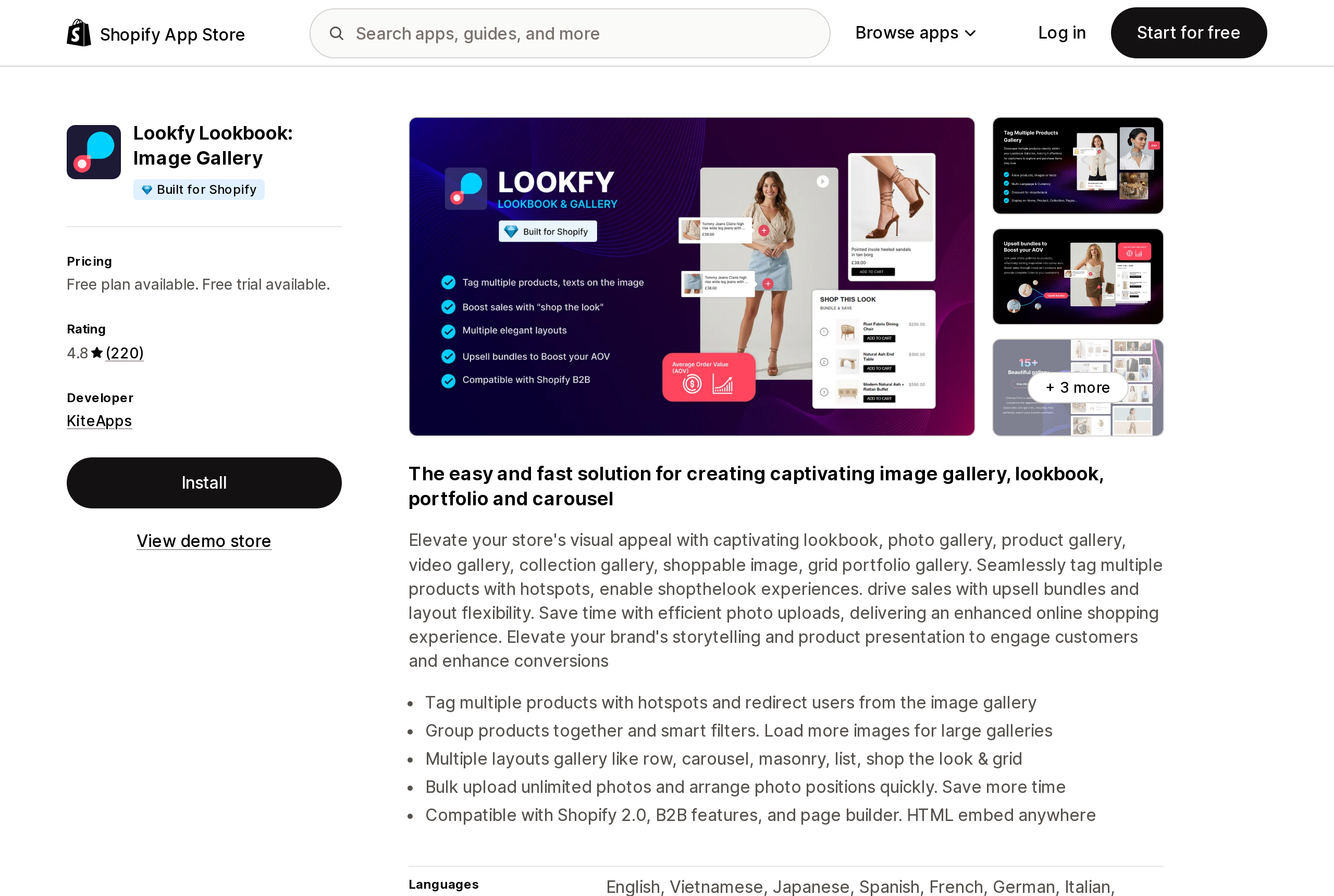 Top of the Shopify App Store listing page for Lookfy Lookbook: Image Gallery, showing the Built for Shopify badge and a 4.8 rating from 220 reviews
