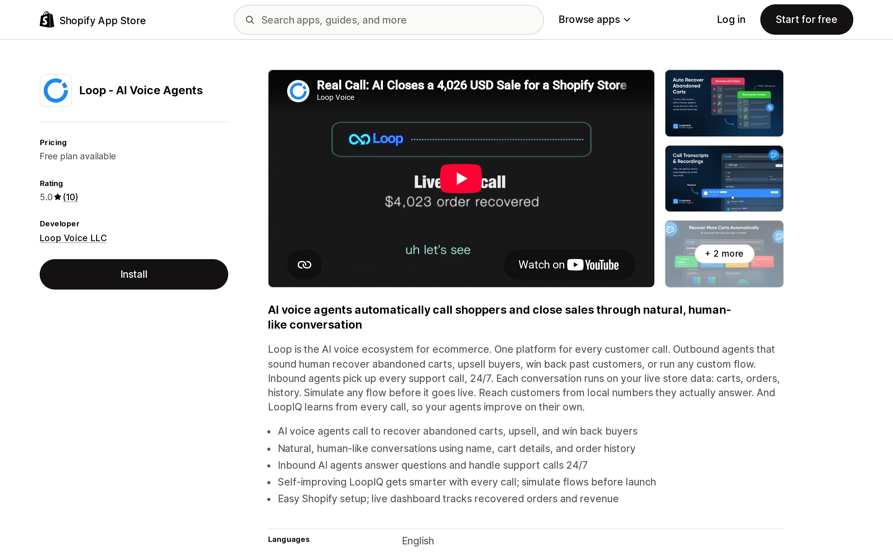 Top of the Shopify App Store listing page for Loop ‑ AI Voice Agents, showing the free plan, 5.0 rating and the outbound cart recovery positioning