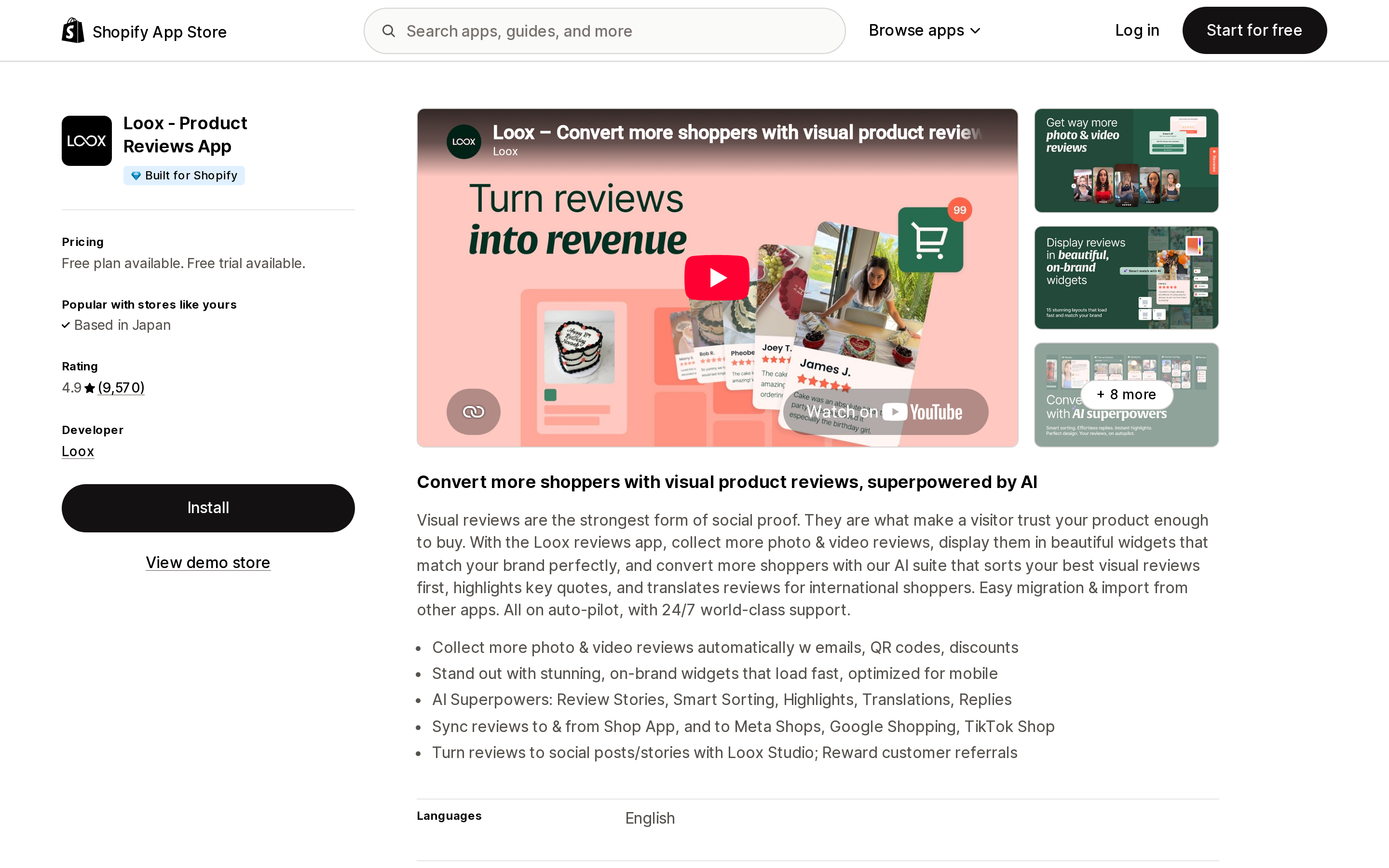 Top of the Shopify App Store listing page for Loox ‑ Product Reviews App