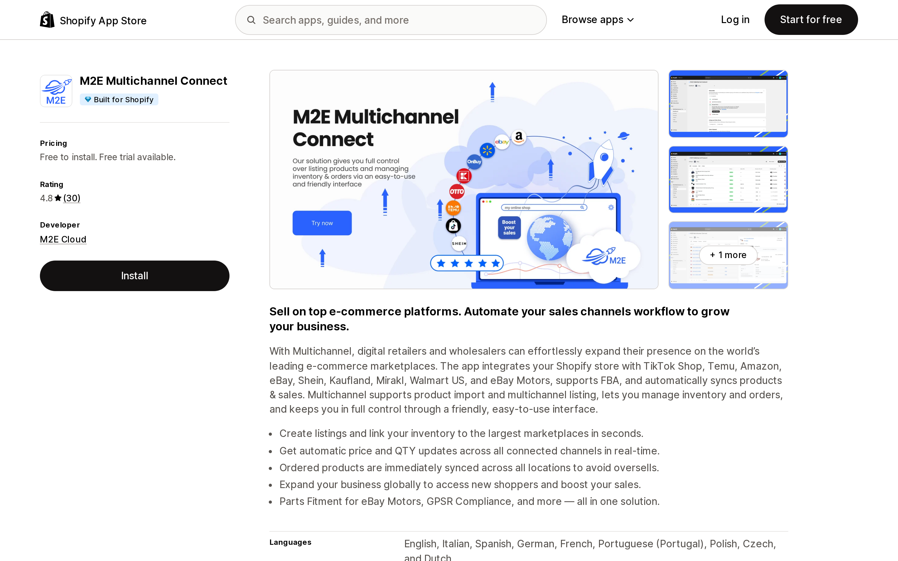 Top of the Shopify App Store listing page for M2E Multichannel Connect, showing the Built for Shopify badge and free-to-install pricing