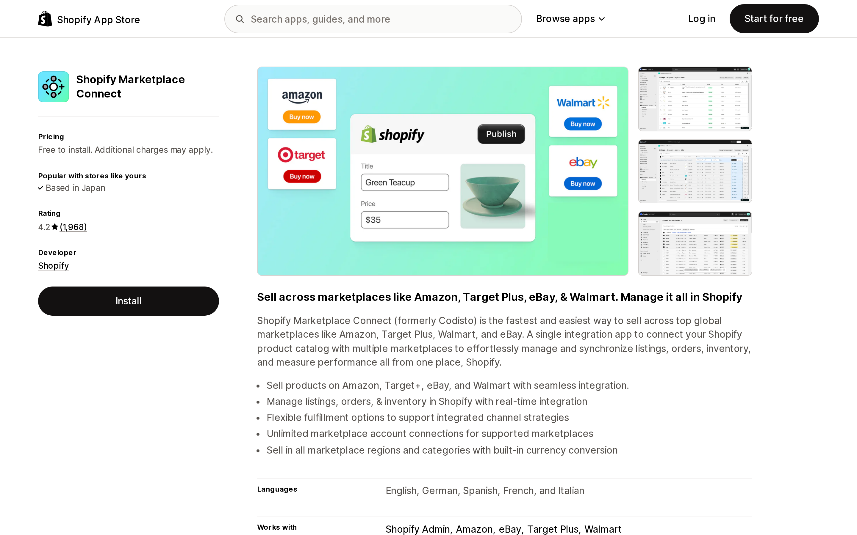 Top of the Shopify App Store listing page for Shopify Marketplace Connect, showing the free-to-install price and 4.2 rating