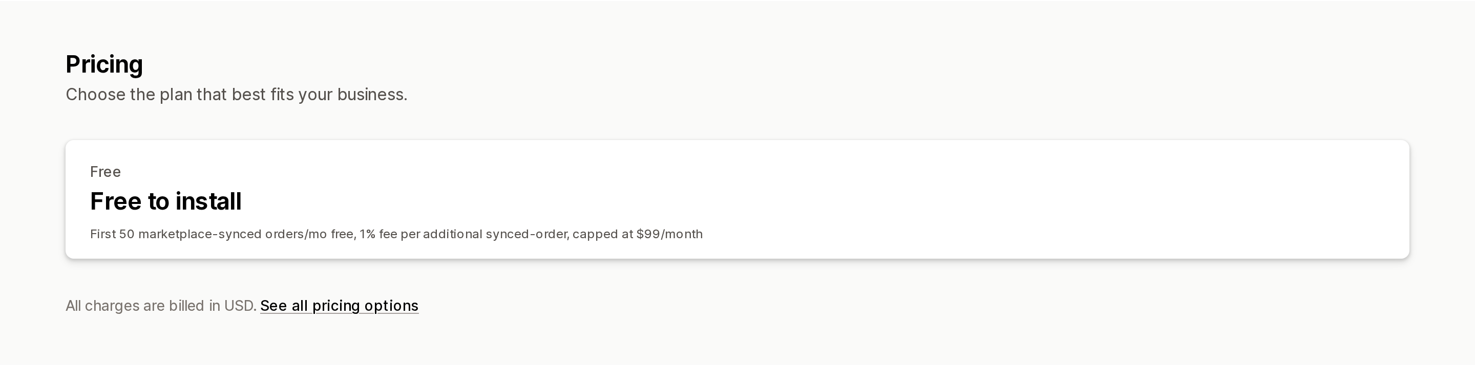 Pricing section of the Shopify Marketplace Connect App Store listing, showing 50 free synced orders per month and a 1% fee capped at $99 per month