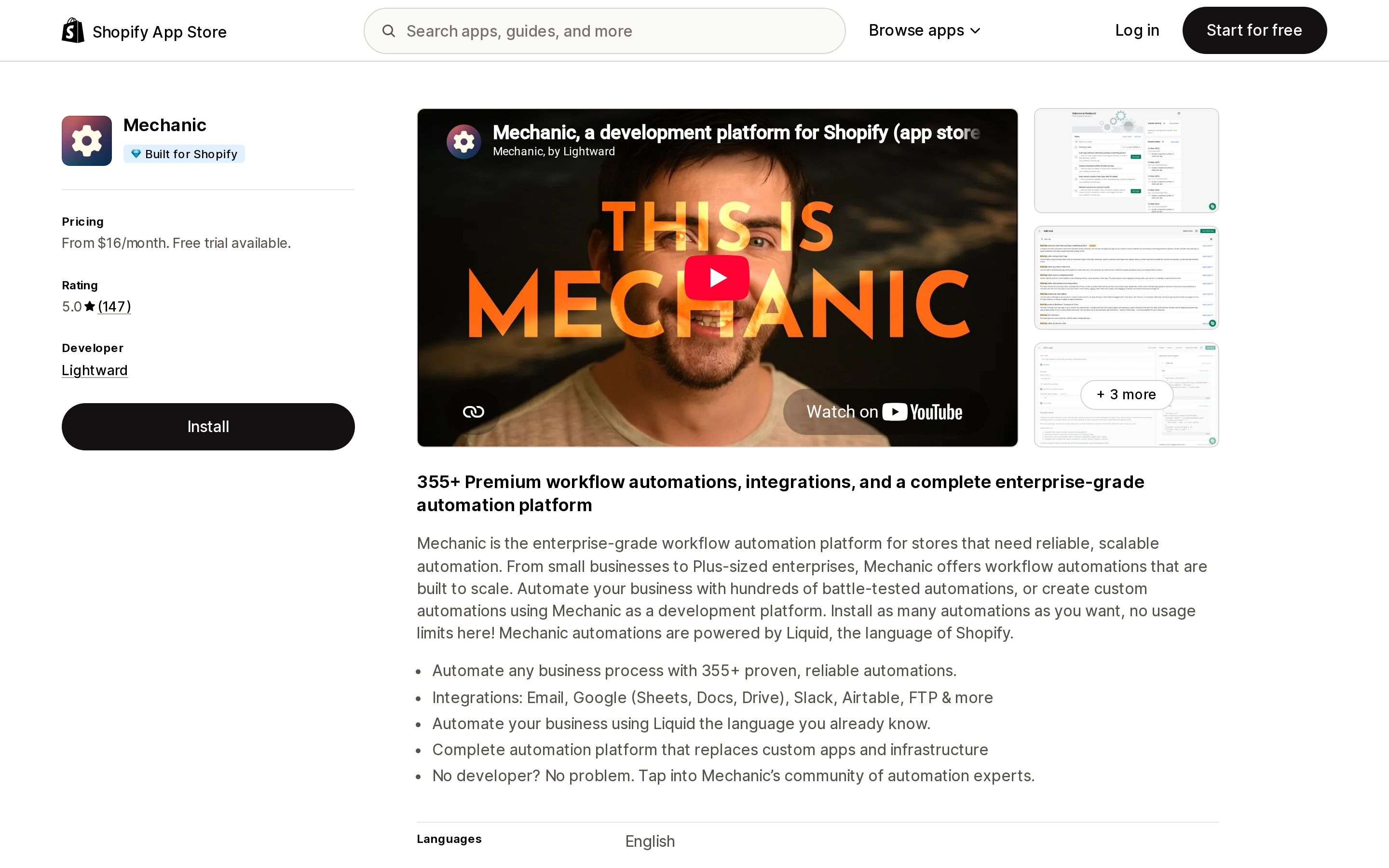Top of the Shopify App Store listing page for Mechanic, showing the Built for Shopify badge and a 5.0 rating