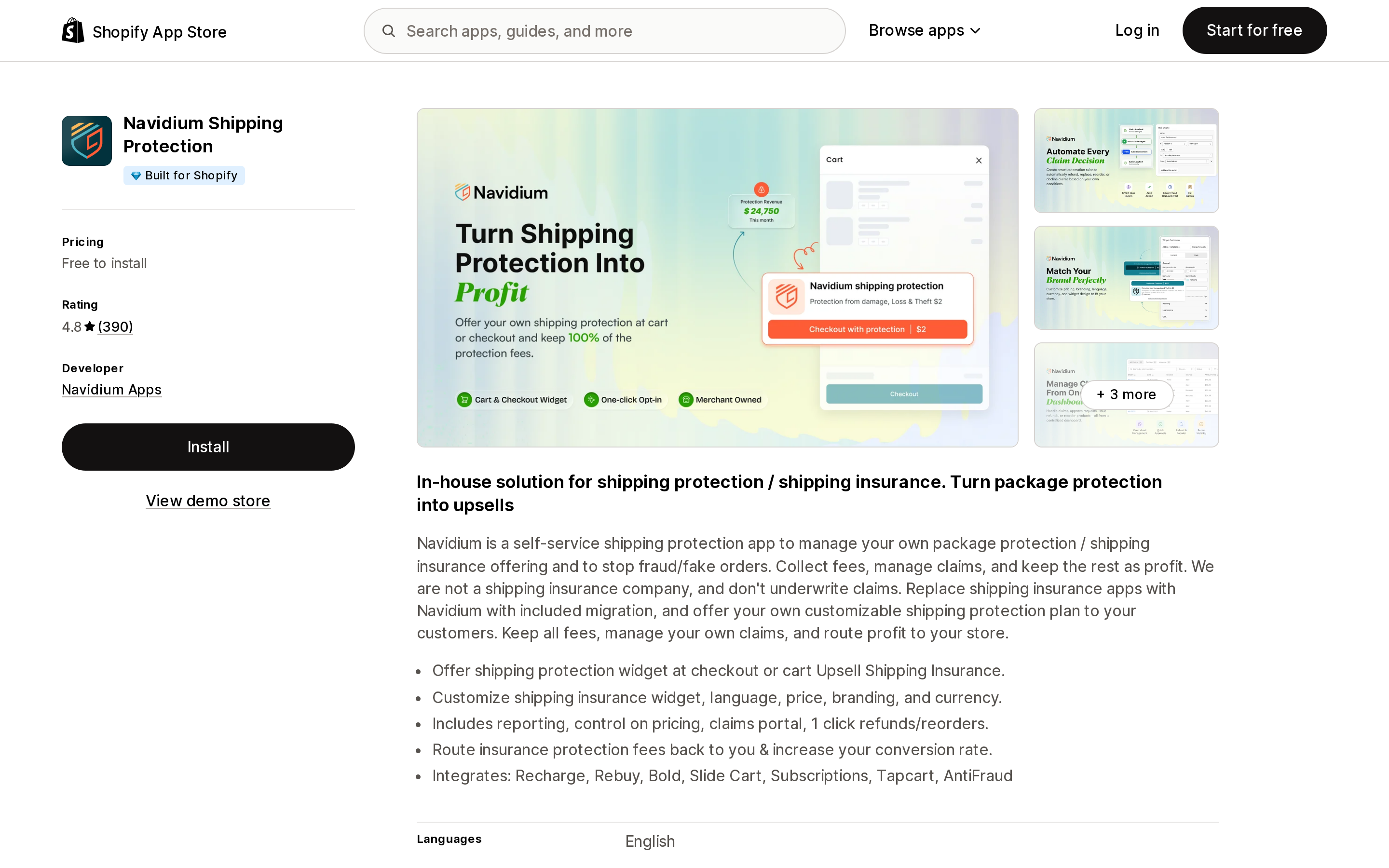 Top of the Shopify App Store listing page for Navidium Shipping Protection, showing the Built for Shopify badge and a 4.8 rating from 390 reviews