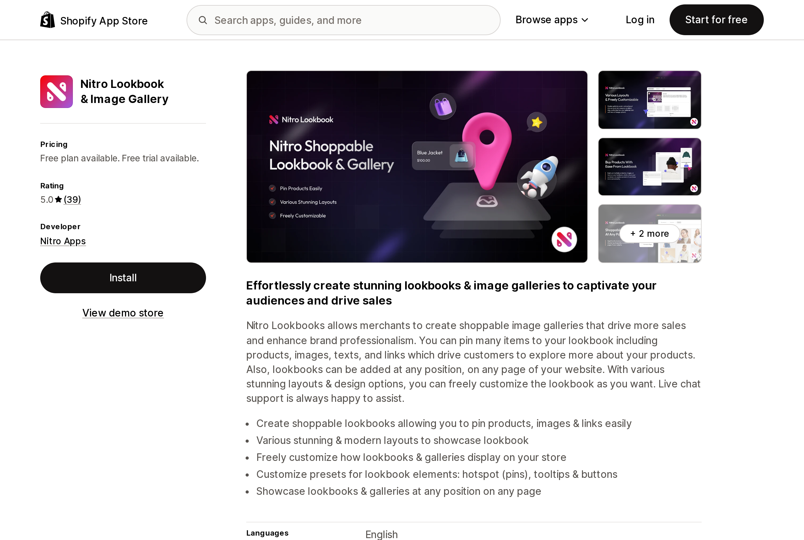 Top of the Shopify App Store listing page for Nitro Lookbook & Image Gallery, showing a 5.0 rating from 39 reviews and a free plan