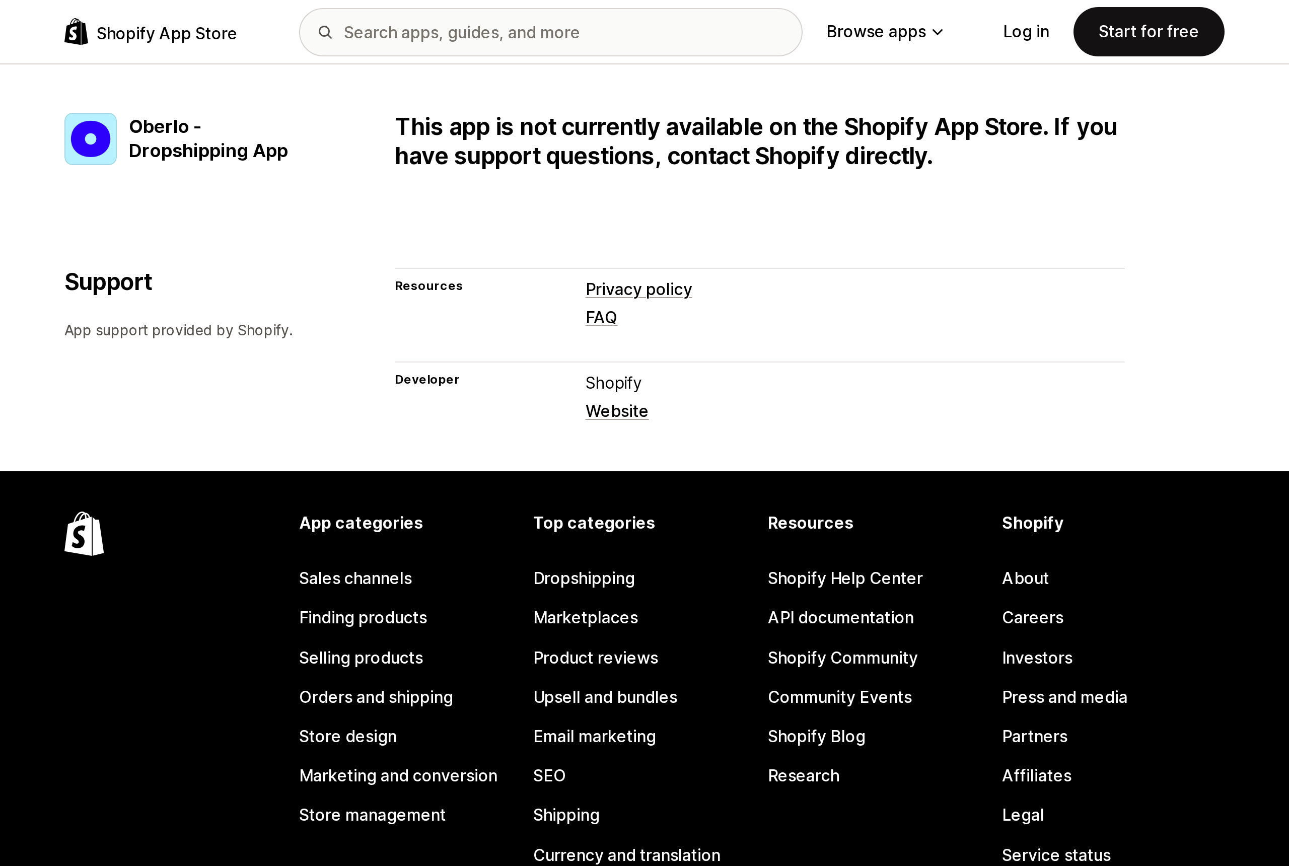 Top of the Shopify App Store listing page for Oberlo, showing only a notice that the app is not currently available plus Support and Developer links