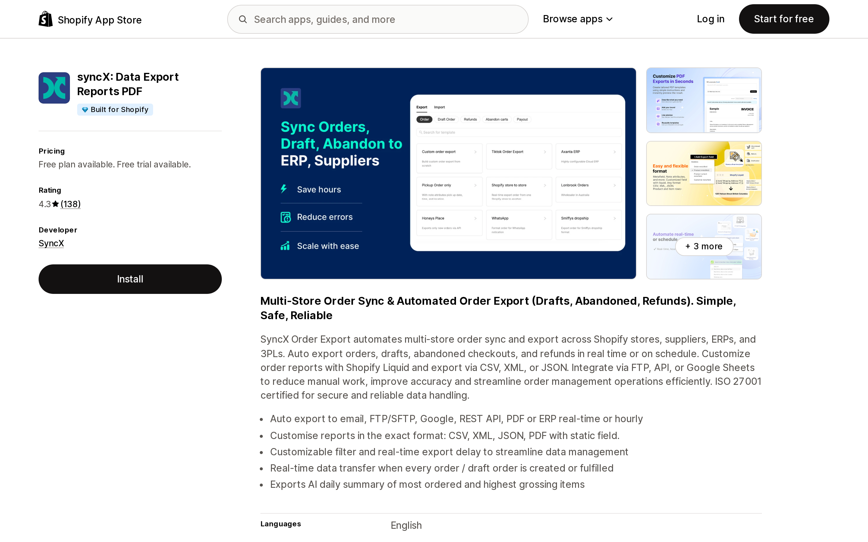 Top of the Shopify App Store listing page for syncX: Data Export Reports PDF, showing the Built for Shopify badge and a 4.3 rating
