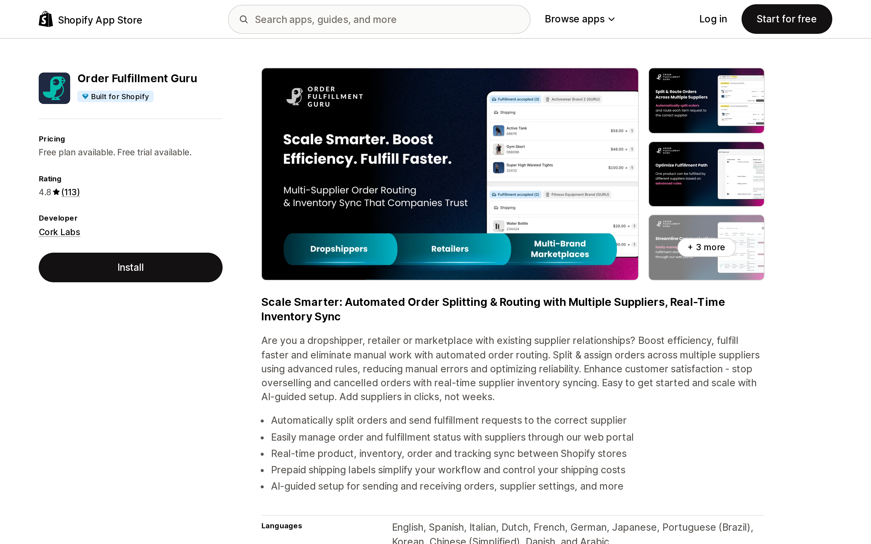 Top of the Shopify App Store listing page for Order Fulfillment Guru, showing the Built for Shopify badge, the 4.8 rating and Cork Labs as the developer