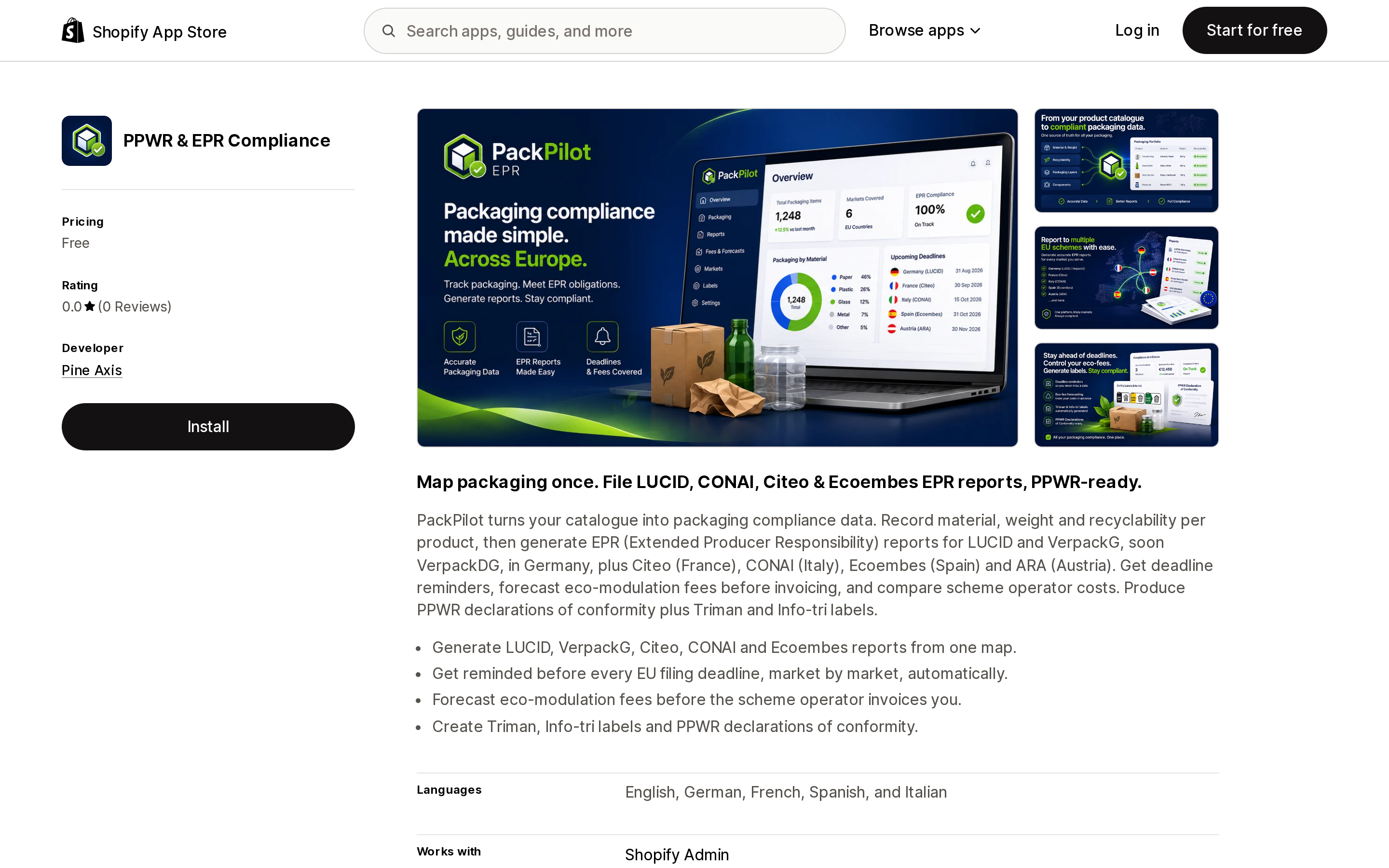 Top of the Shopify App Store listing page for PackPilot EPR
