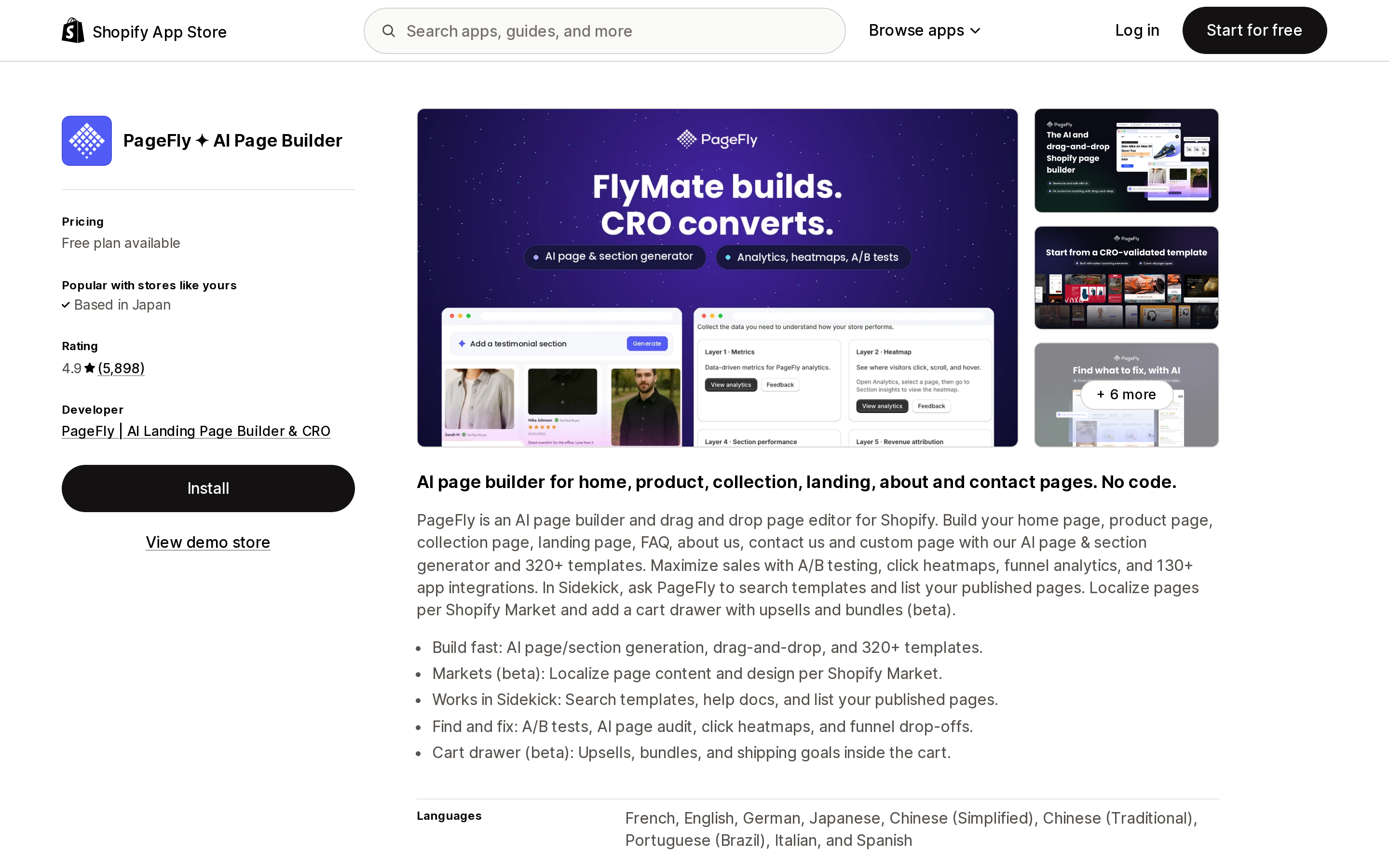 Top of the Shopify App Store listing page for PageFly ✦ AI Page Builder