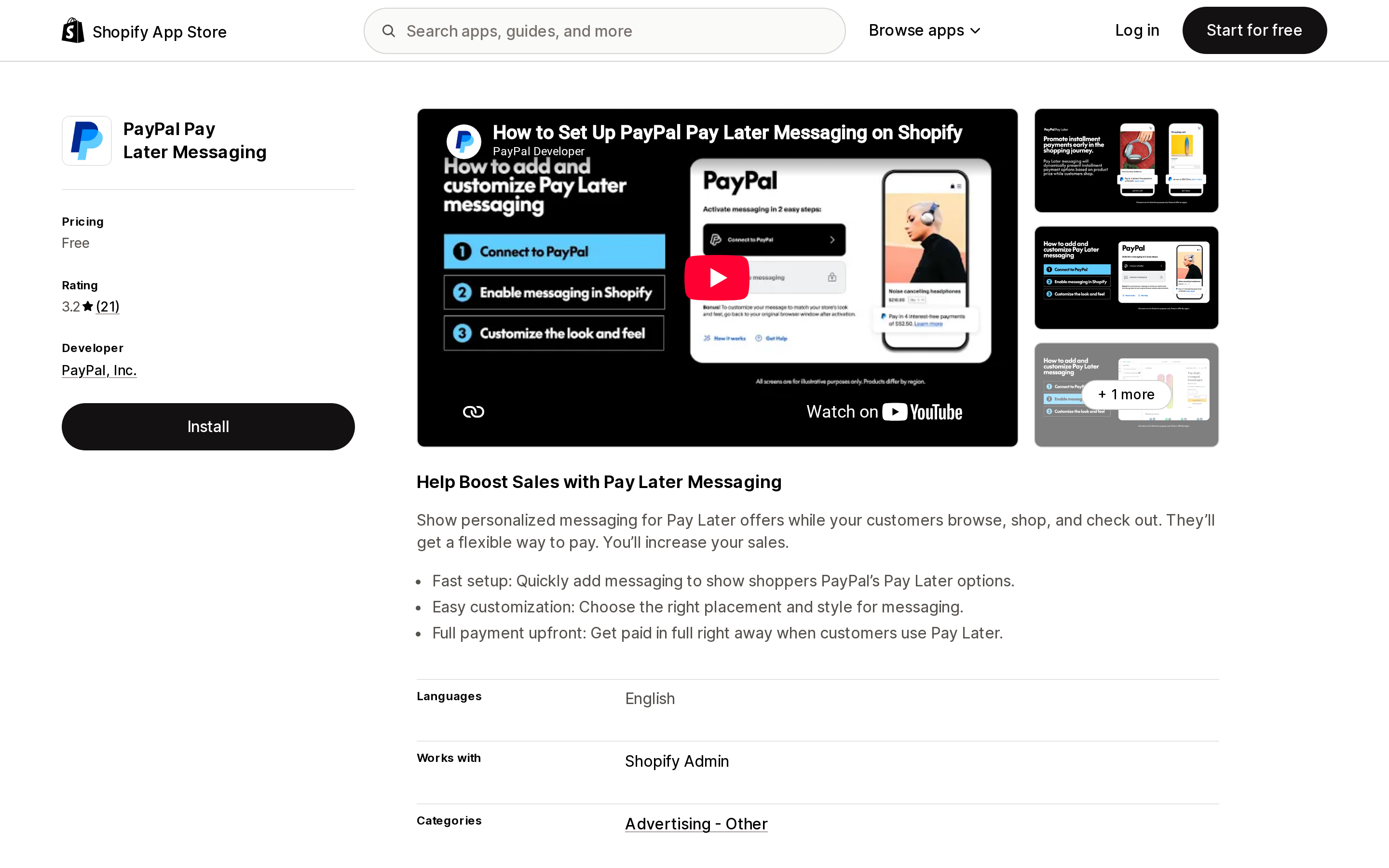 Top of the Shopify App Store listing page for PayPal Pay Later Messaging