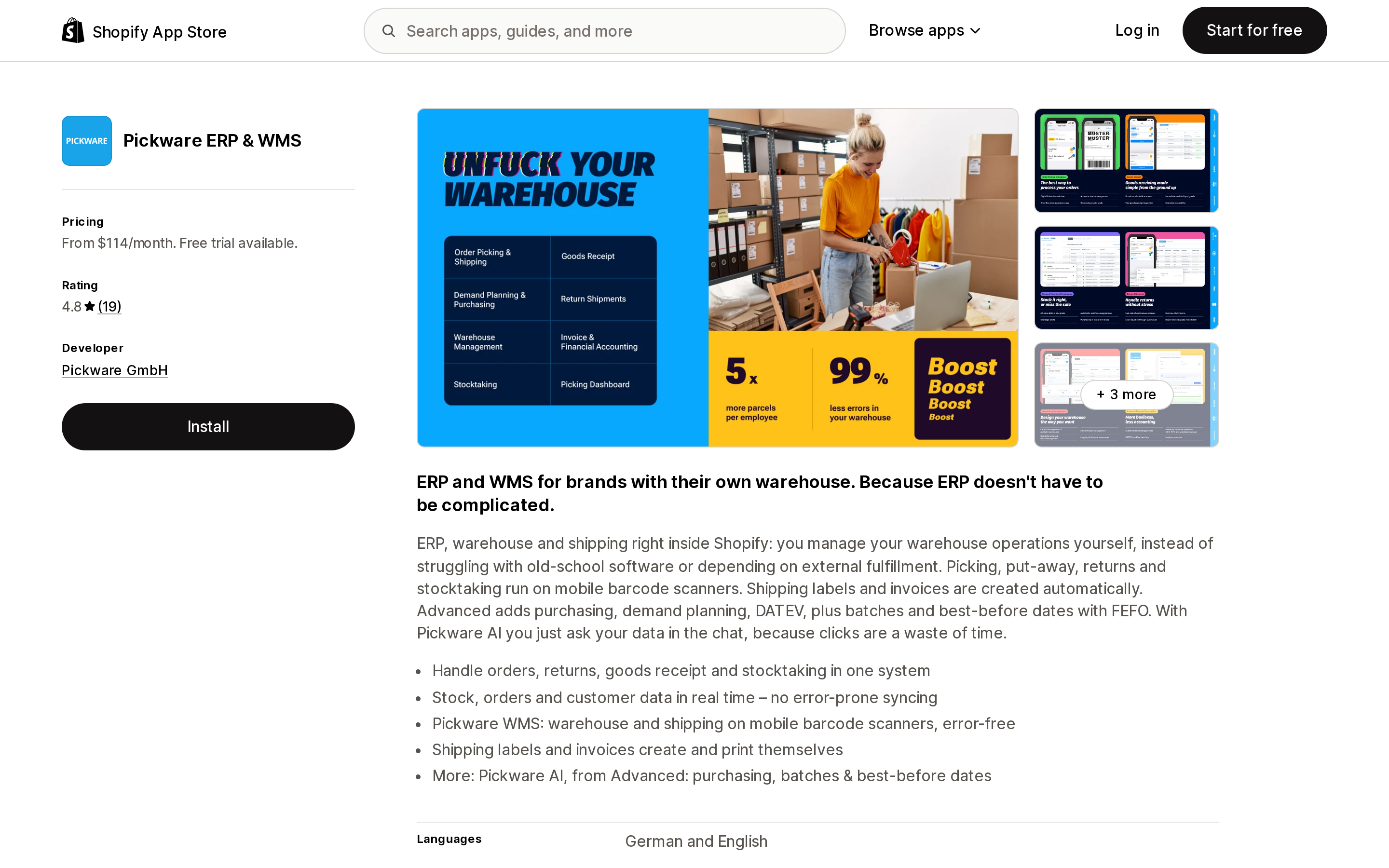 Top of the Shopify App Store listing page for Pickware ERP & WMS