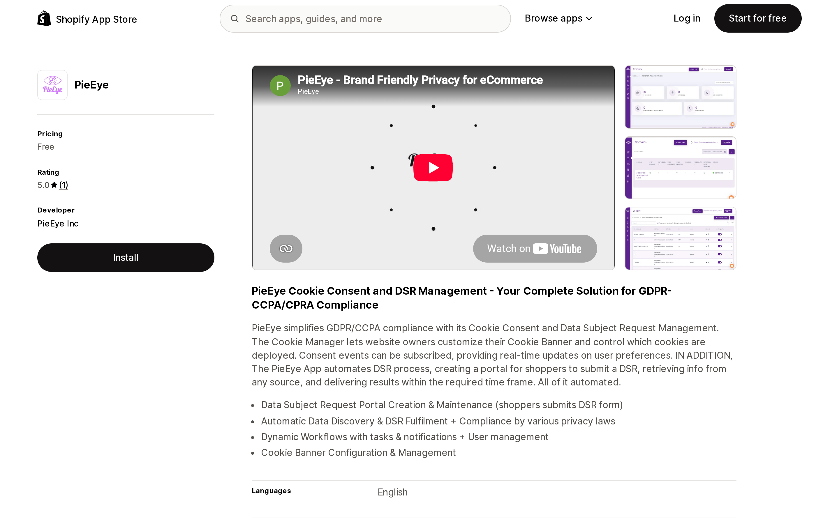 Top of the Shopify App Store listing page for PieEye, a data subject request automation app