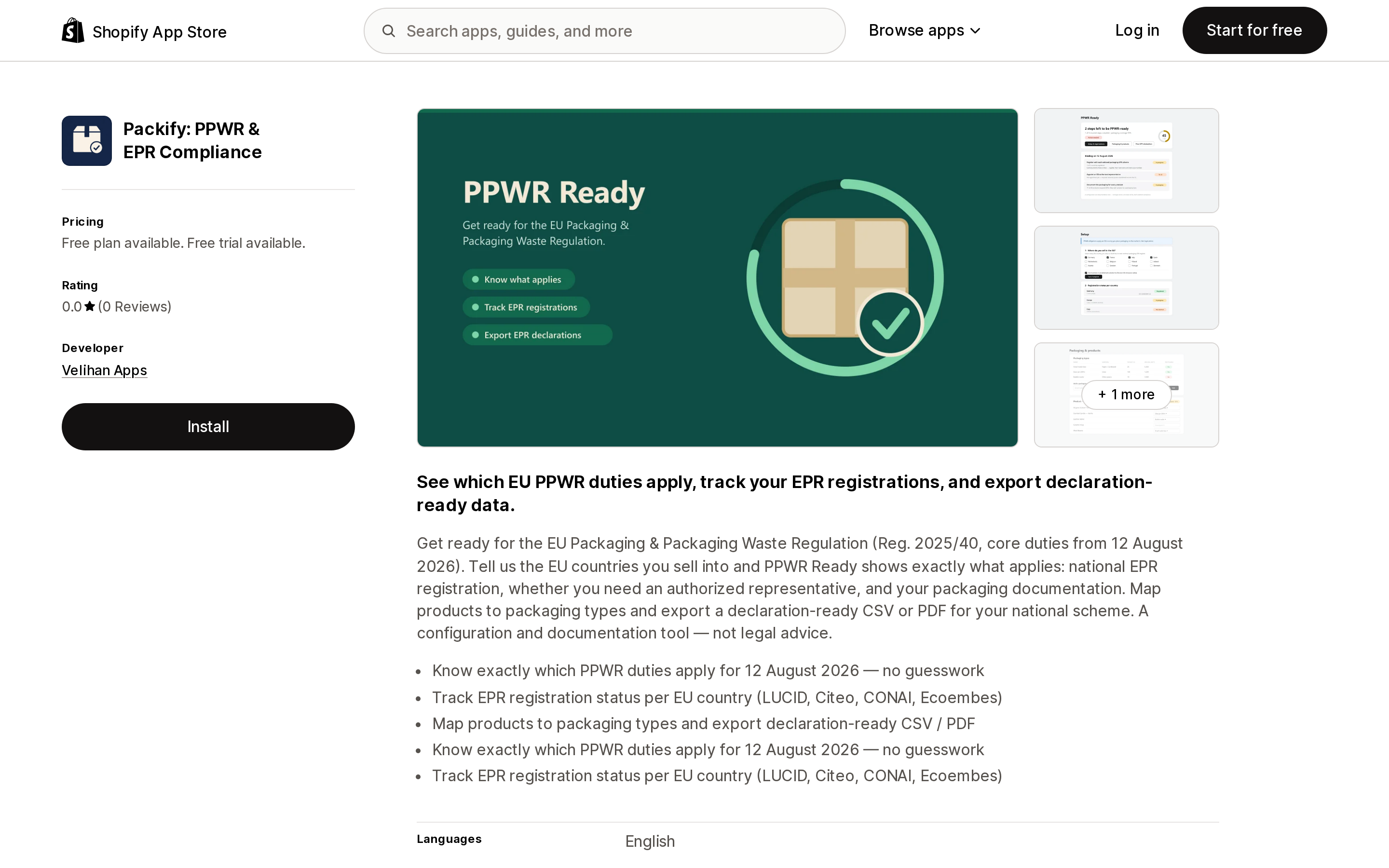 Top of the Shopify App Store listing page for Packify: PPWR & EPR Compliance