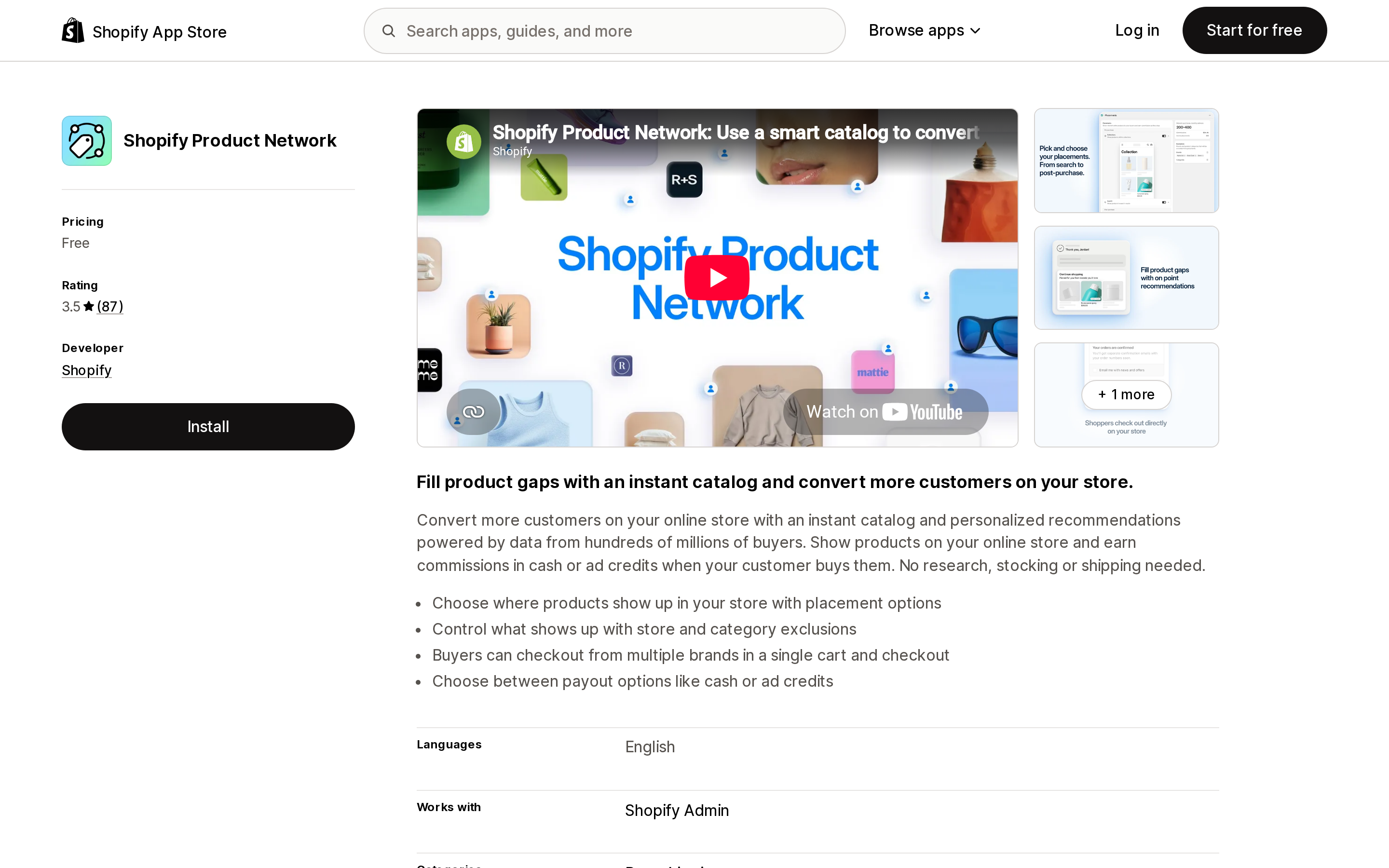 Top of the Shopify App Store listing page for Shopify Product Network, showing the Free price, the 3.5 rating across 87 reviews, and Shopify listed as the developer