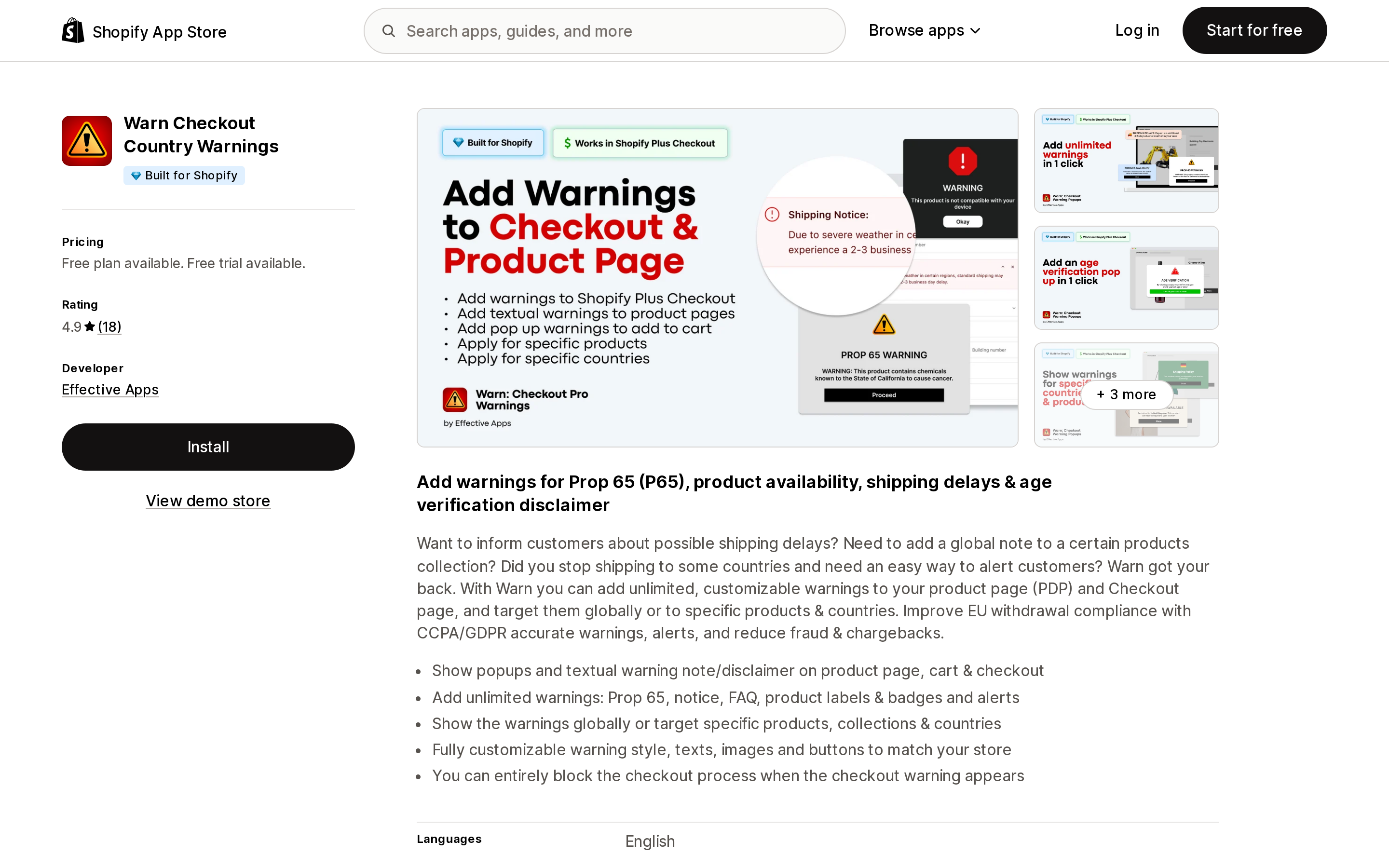 Top of the Shopify App Store listing page for Warn Checkout Country Warnings, showing the Built for Shopify badge and a 4.9 rating from 18 reviews