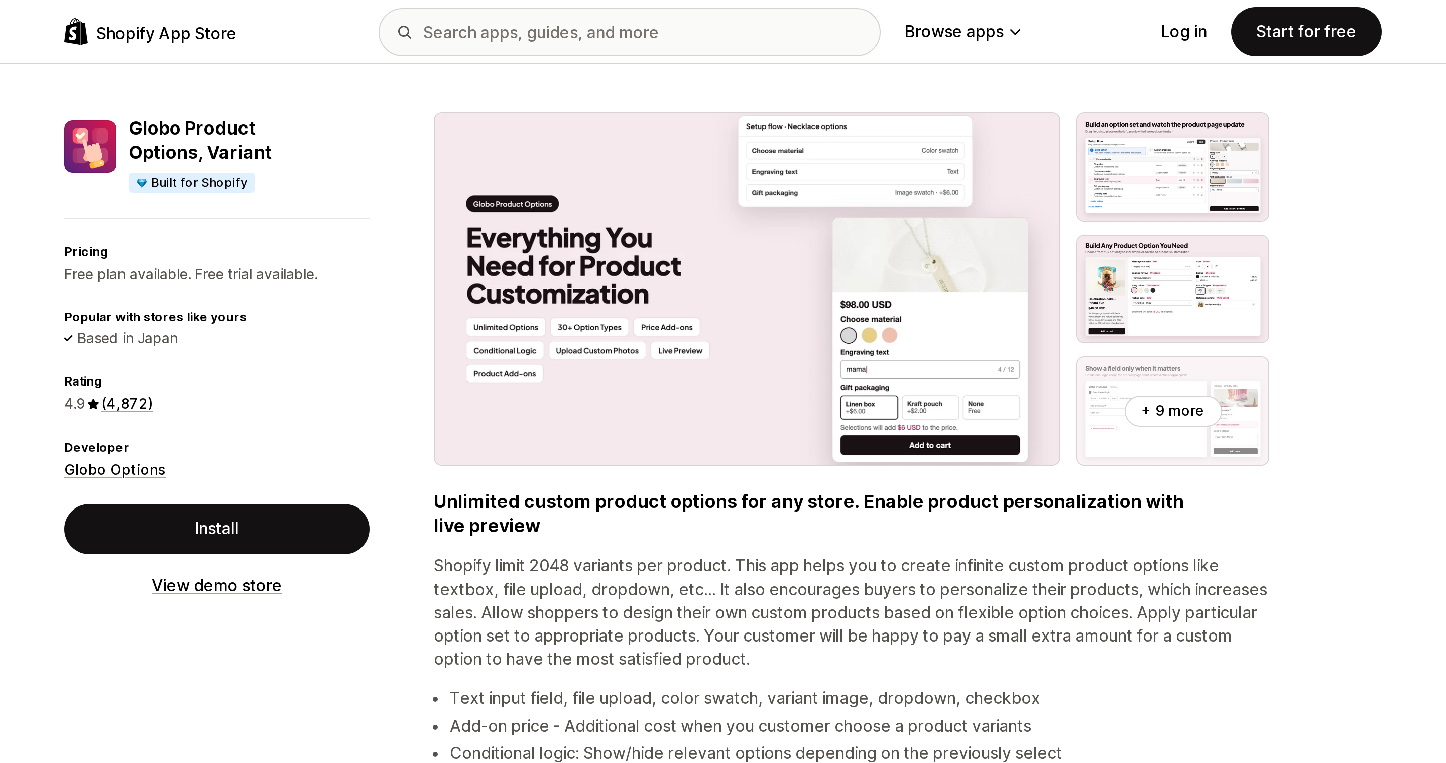 Top of the Shopify App Store listing page for Globo Product Options, Variant