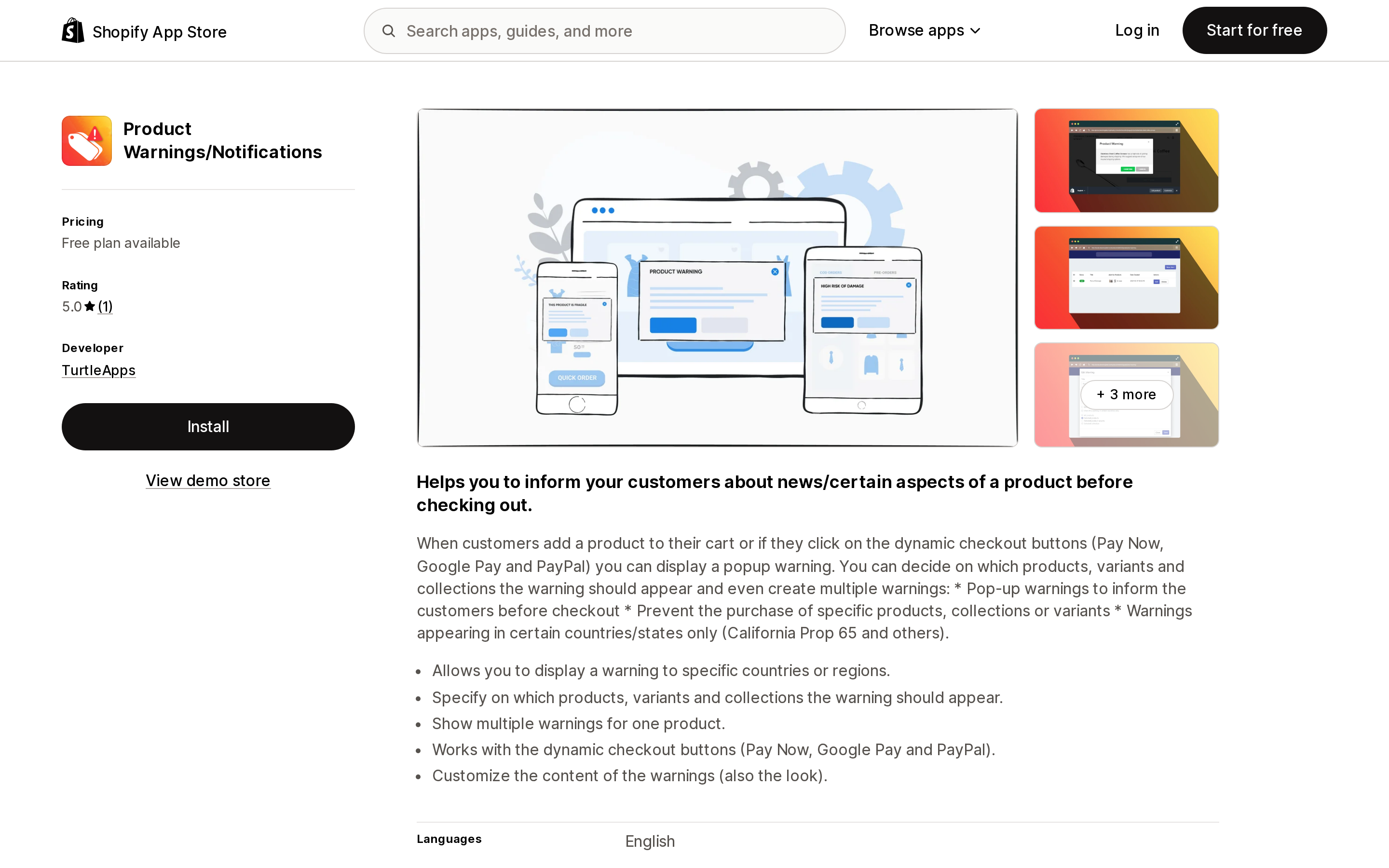 Top of the Shopify App Store listing page for Product Warnings/Notifications, showing a 5.0 rating from 1 review and a Free plan available label