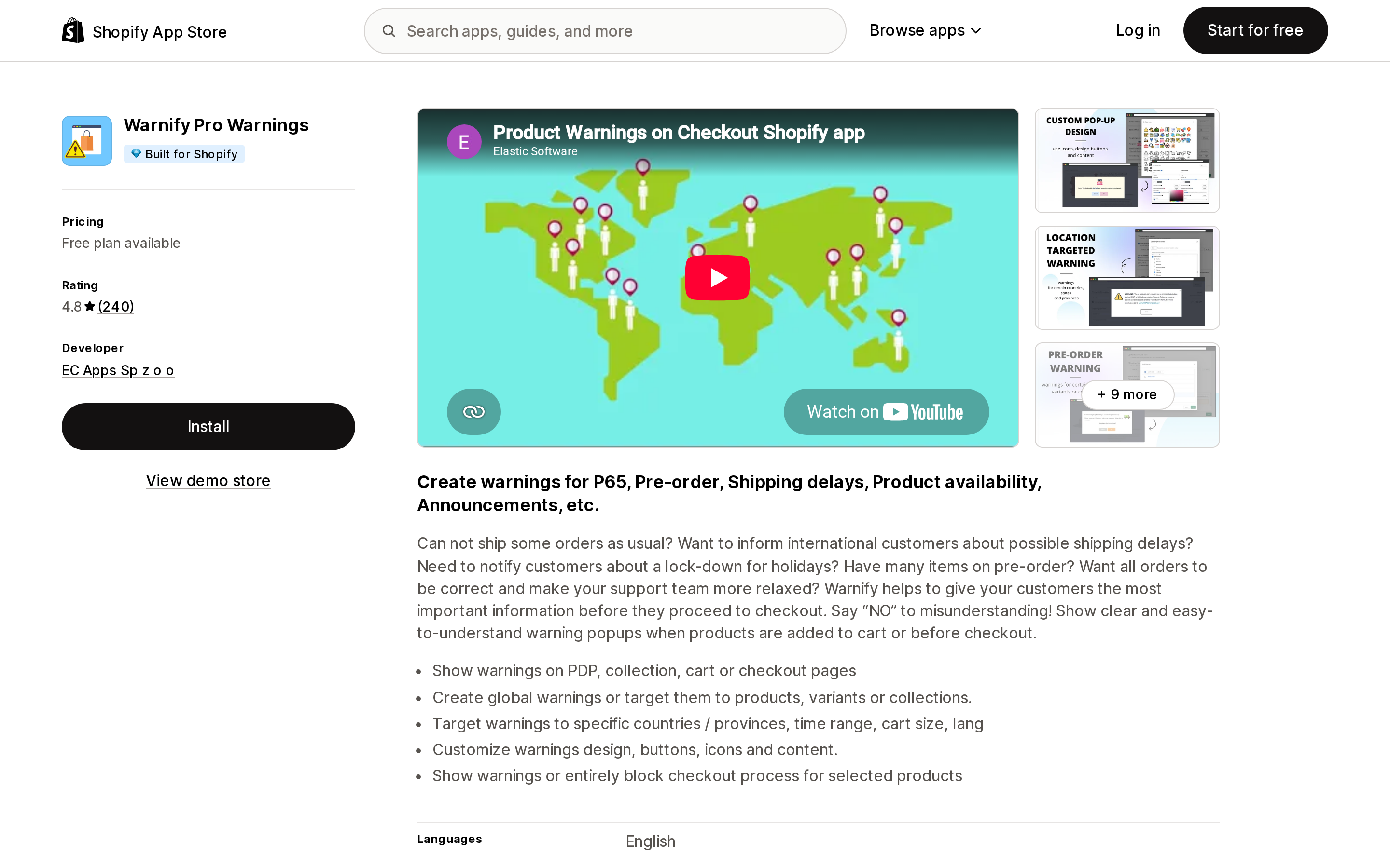 Top of the Shopify App Store listing page for Warnify Pro Warnings, showing the Built for Shopify badge and a 4.8 rating from 240 reviews
