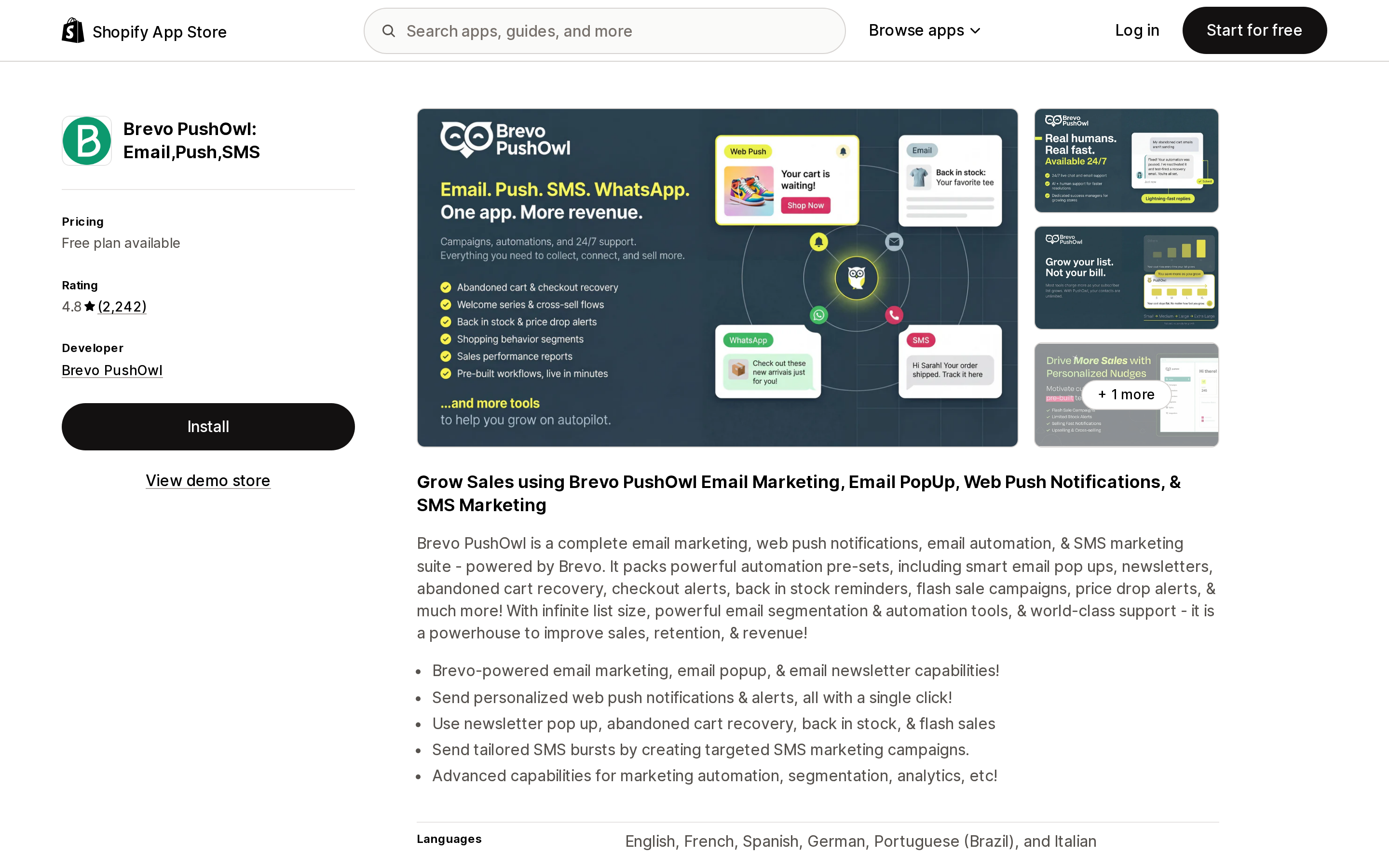 Top of the Shopify App Store listing page for Brevo PushOwl: Email, Push, SMS, showing a 4.8 rating from 2,240 reviews