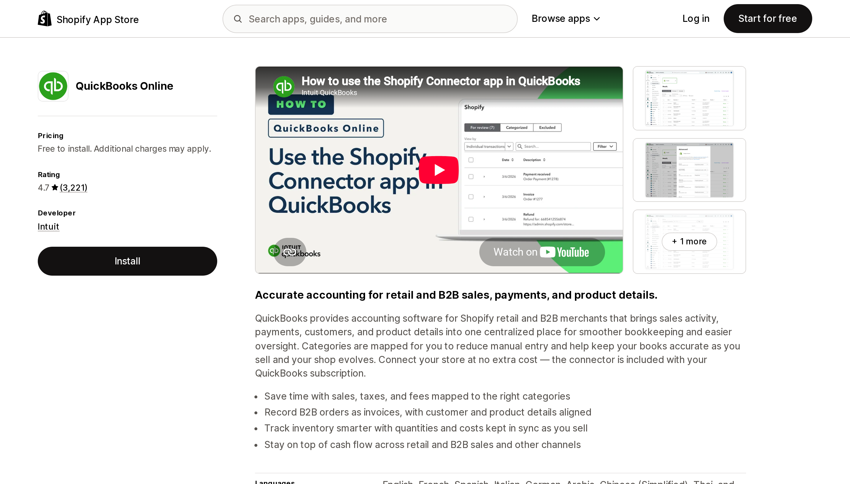 Top of the Shopify App Store listing page for QuickBooks Online by Intuit, showing a free-to-install price and 3,221 reviews