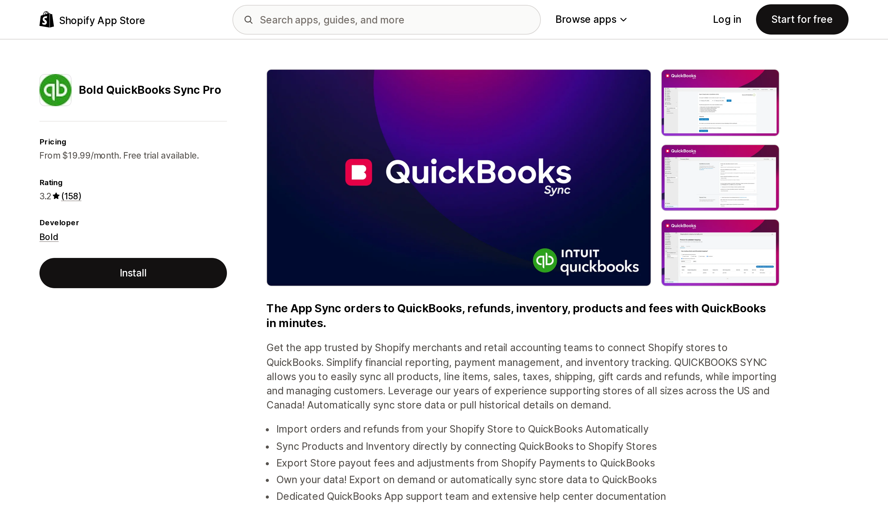 Top of the Shopify App Store listing page for Bold QuickBooks Sync Pro, showing a 3.2 rating across 158 reviews