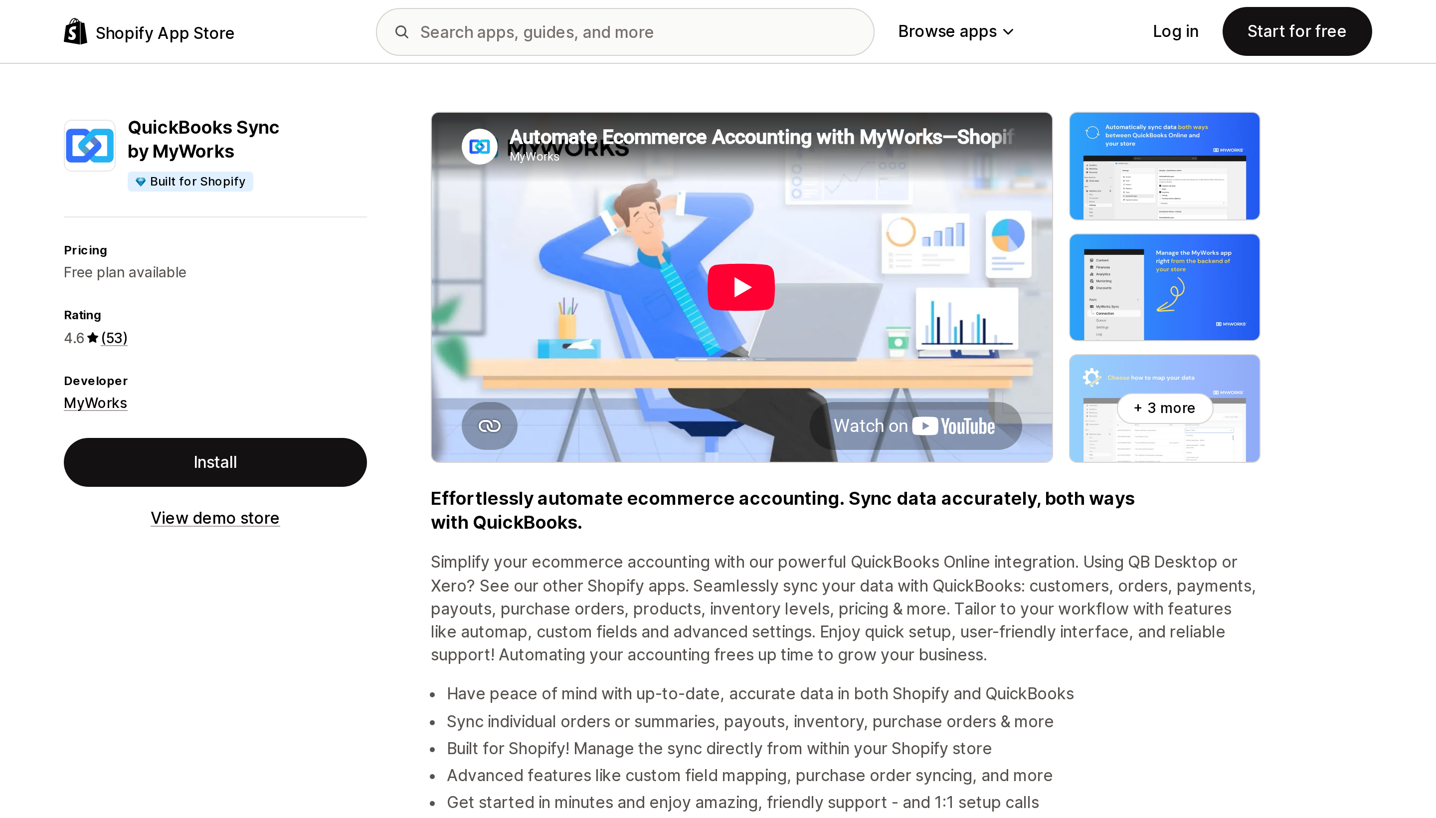 Top of the Shopify App Store listing page for QuickBooks Sync by MyWorks, showing the Built for Shopify badge