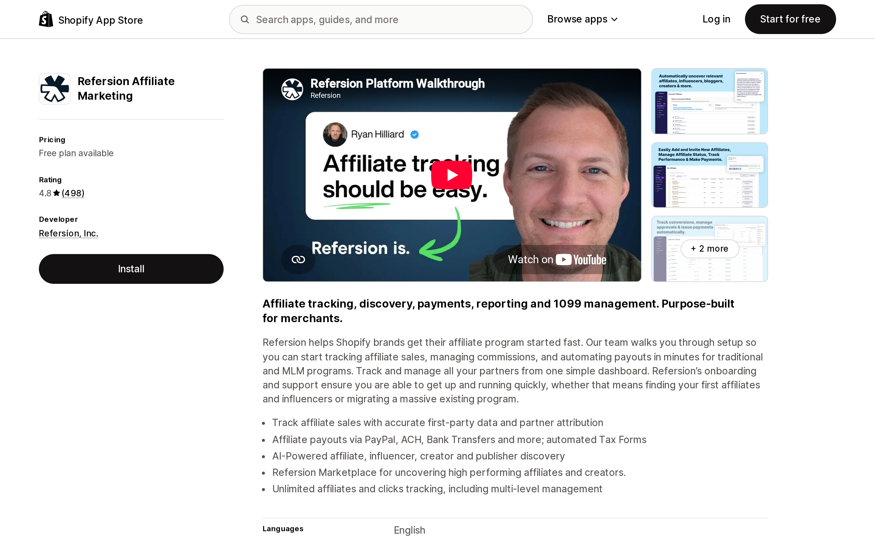 Top of the Shopify App Store listing page for Refersion Affiliate Marketing, showing the free plan availability, the 4.8 rating and Refersion, Inc. as the developer