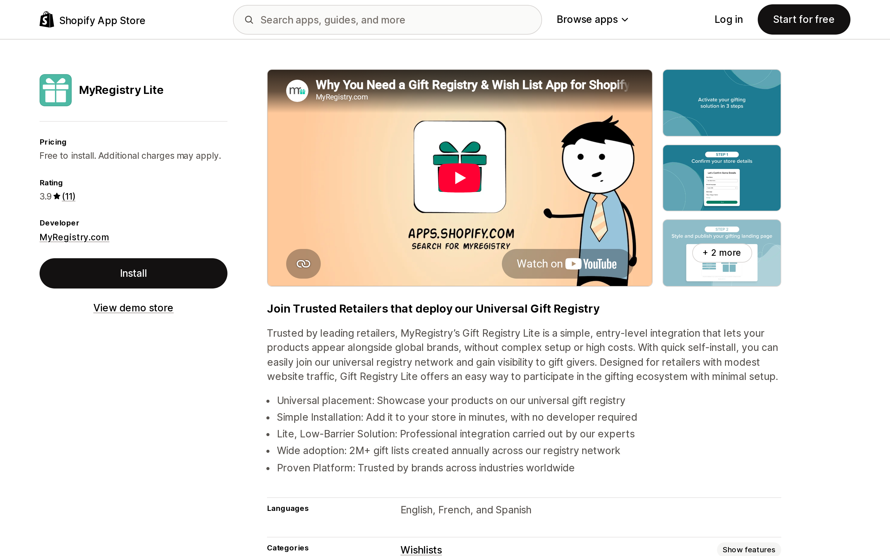Top of the Shopify App Store listing page for MyRegistry Lite