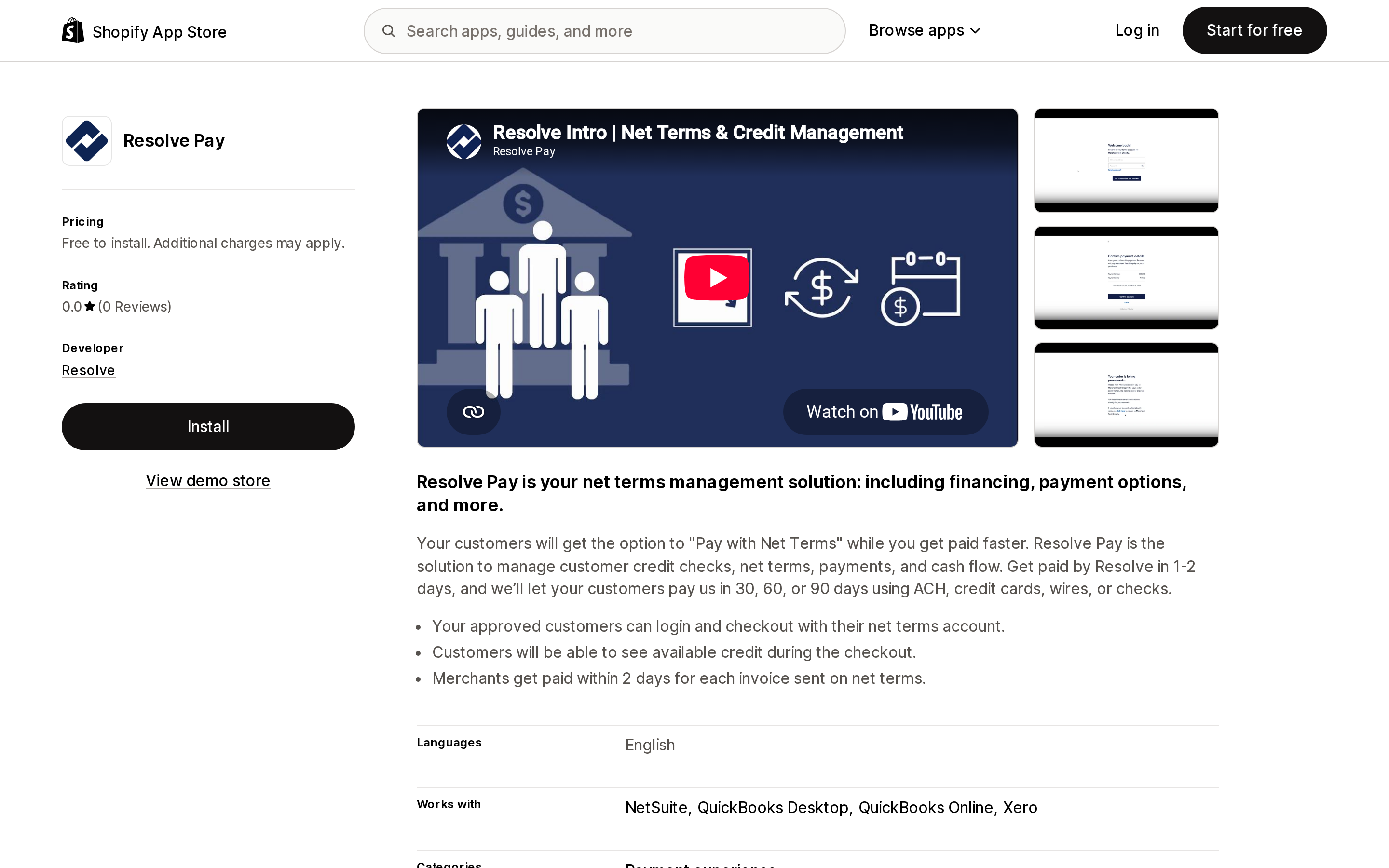 Top of the Shopify App Store listing page for Resolve Pay