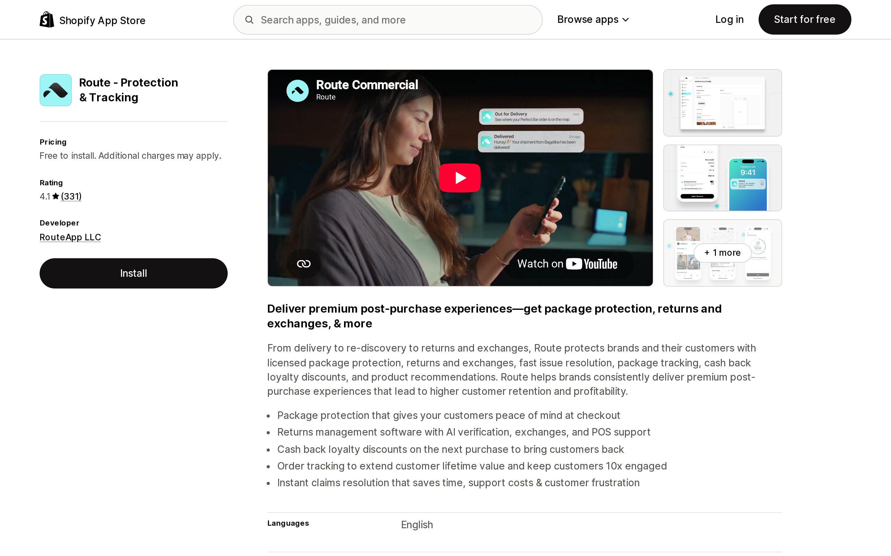 Top of the Shopify App Store listing page for Route ‑ Protection & Tracking, showing a 4.1 rating from 331 reviews and no Built for Shopify badge