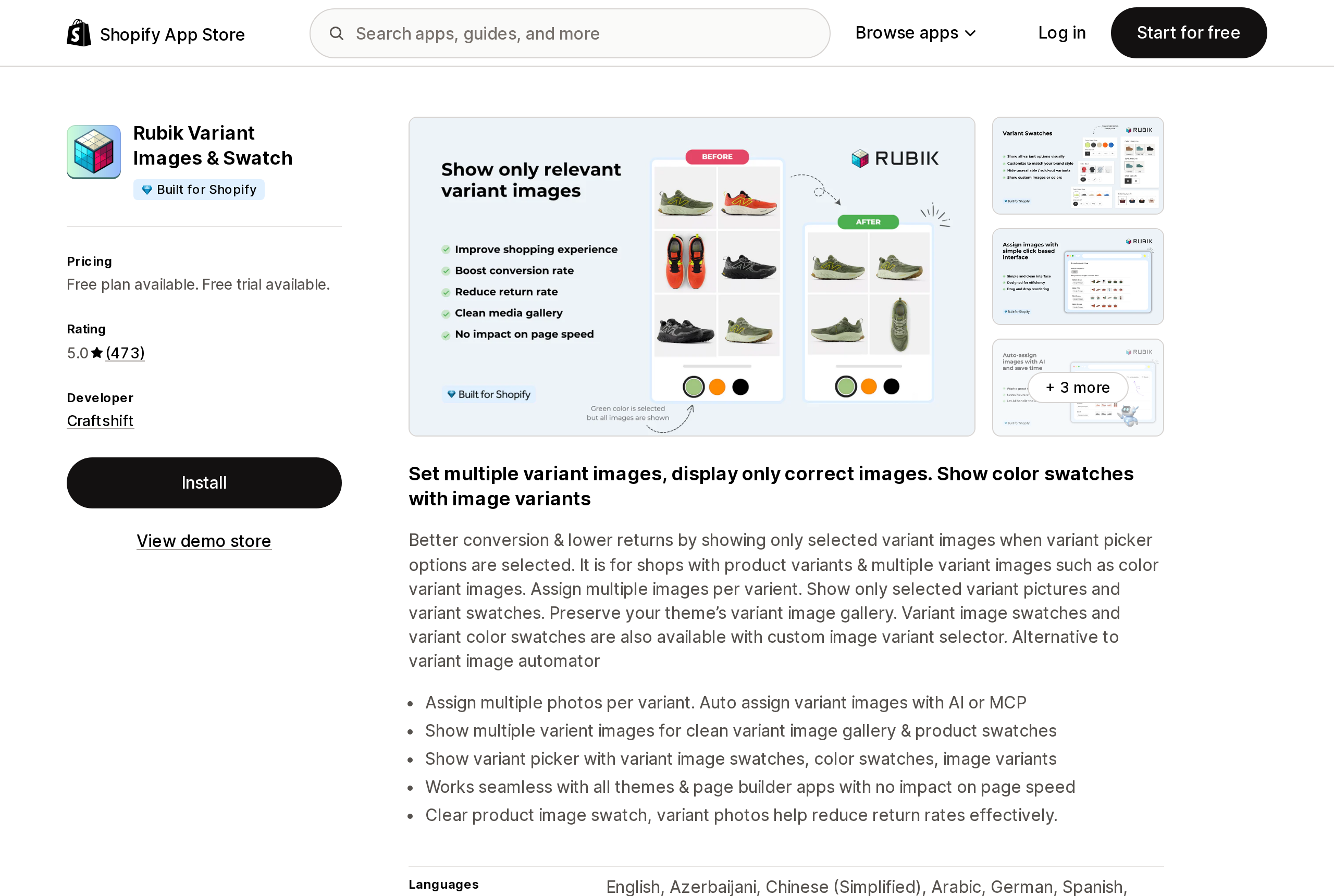 Top of the Shopify App Store listing page for Rubik Variant Images & Swatch